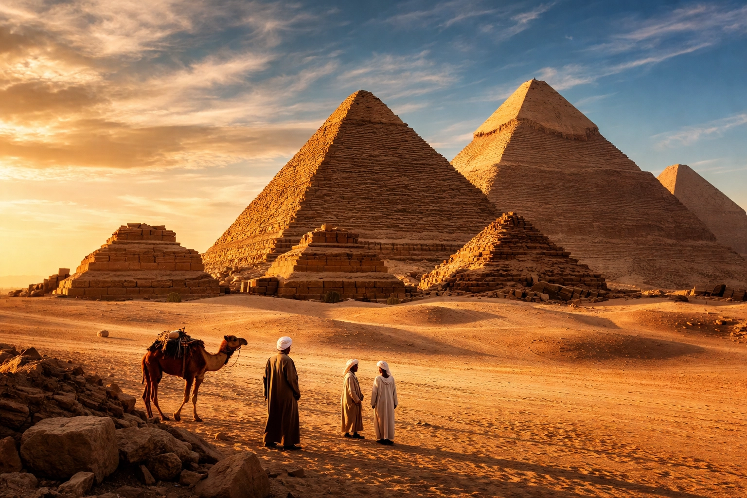 7 Ancient Kemet Innovations That Prove Black Excellence Has Always Been the Standard Majestic Great Pyramids of Giza at sunset with Egyptian workers, highlighting ancient Black architectural genius.