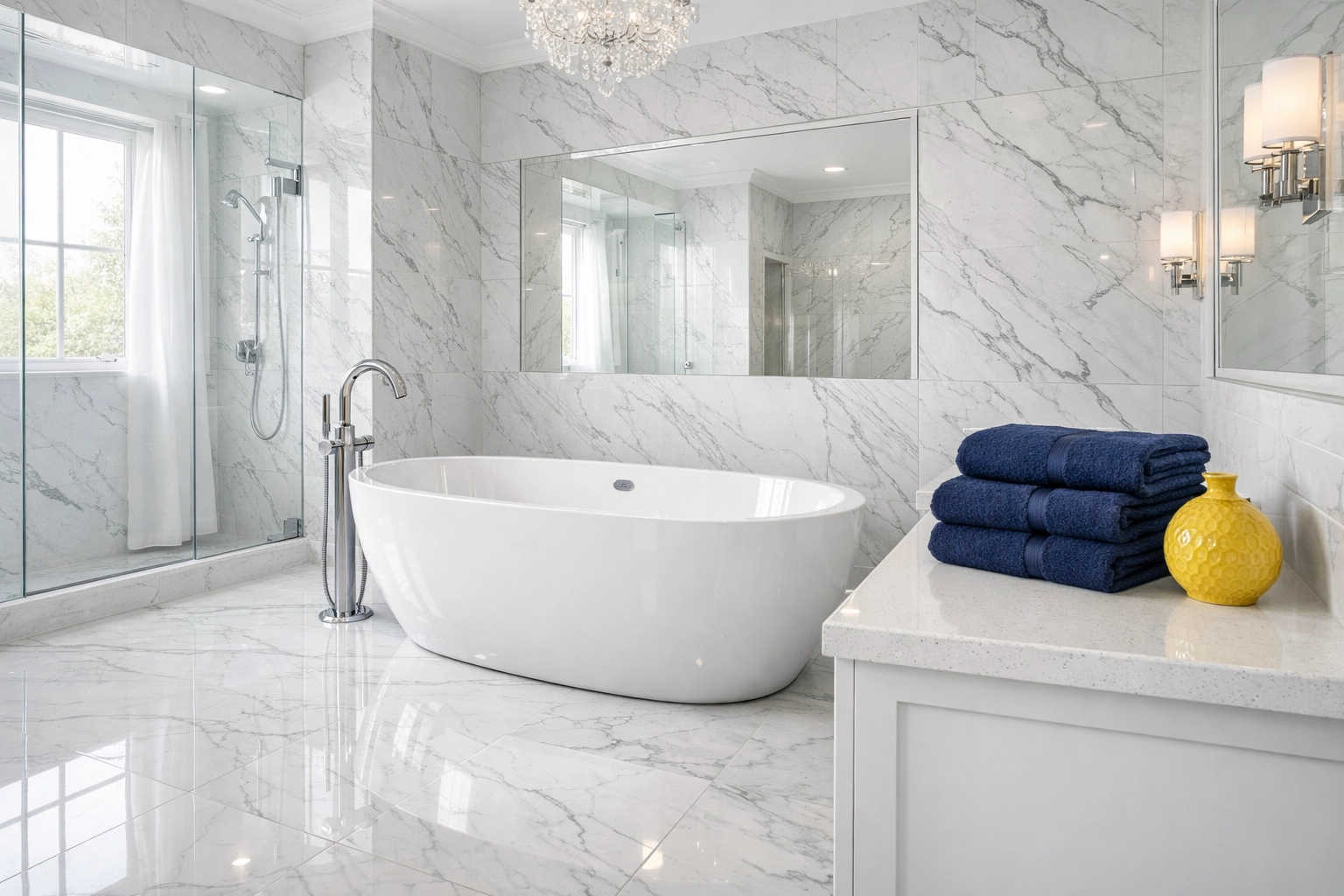 Sanitized luxury master bathroom with sparkling marble tiles and a deep-cleaned soaking tub.