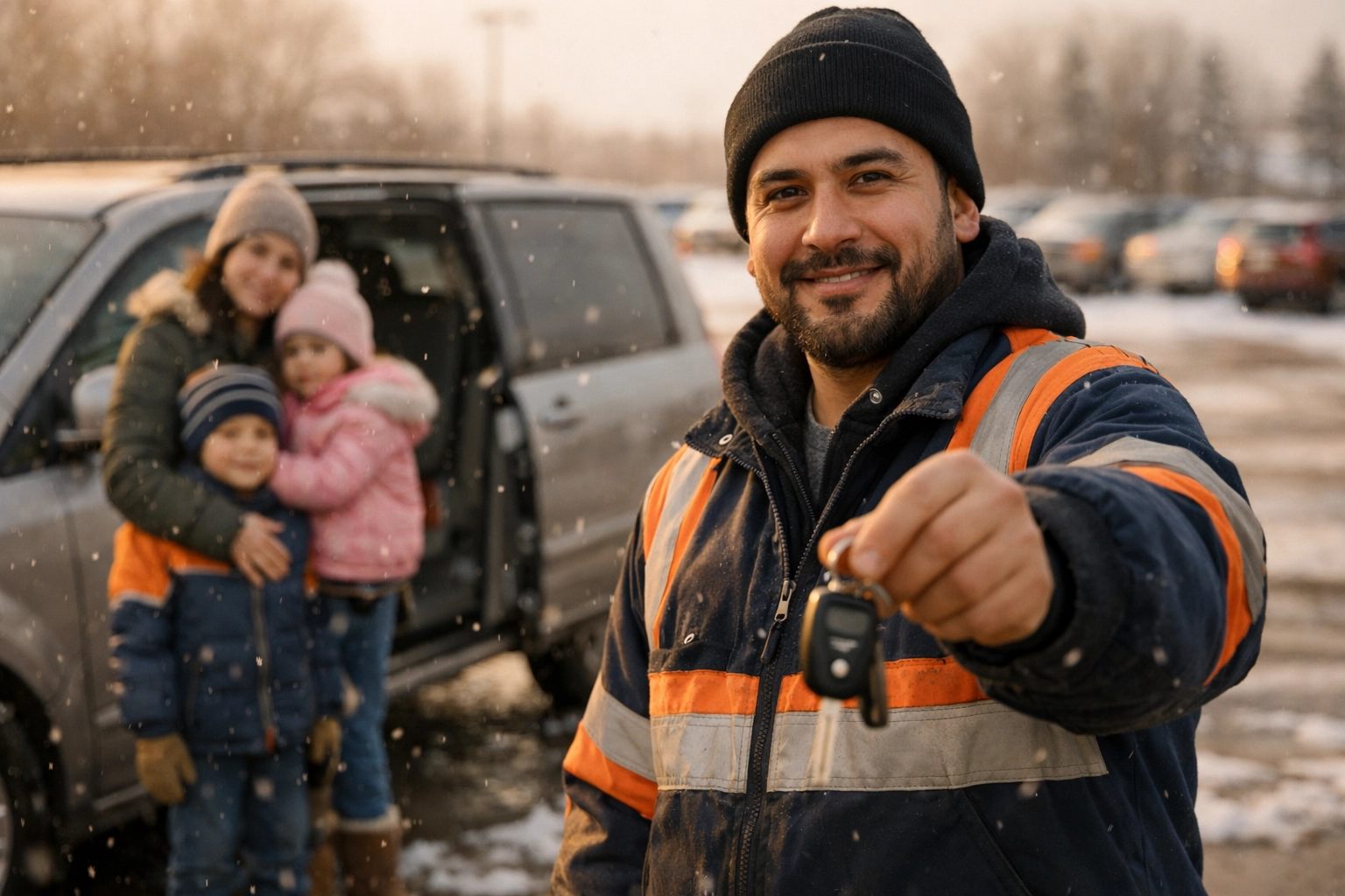 Tow truck driver Juan Leon returning car keys to immigrant family in Minnesota winter