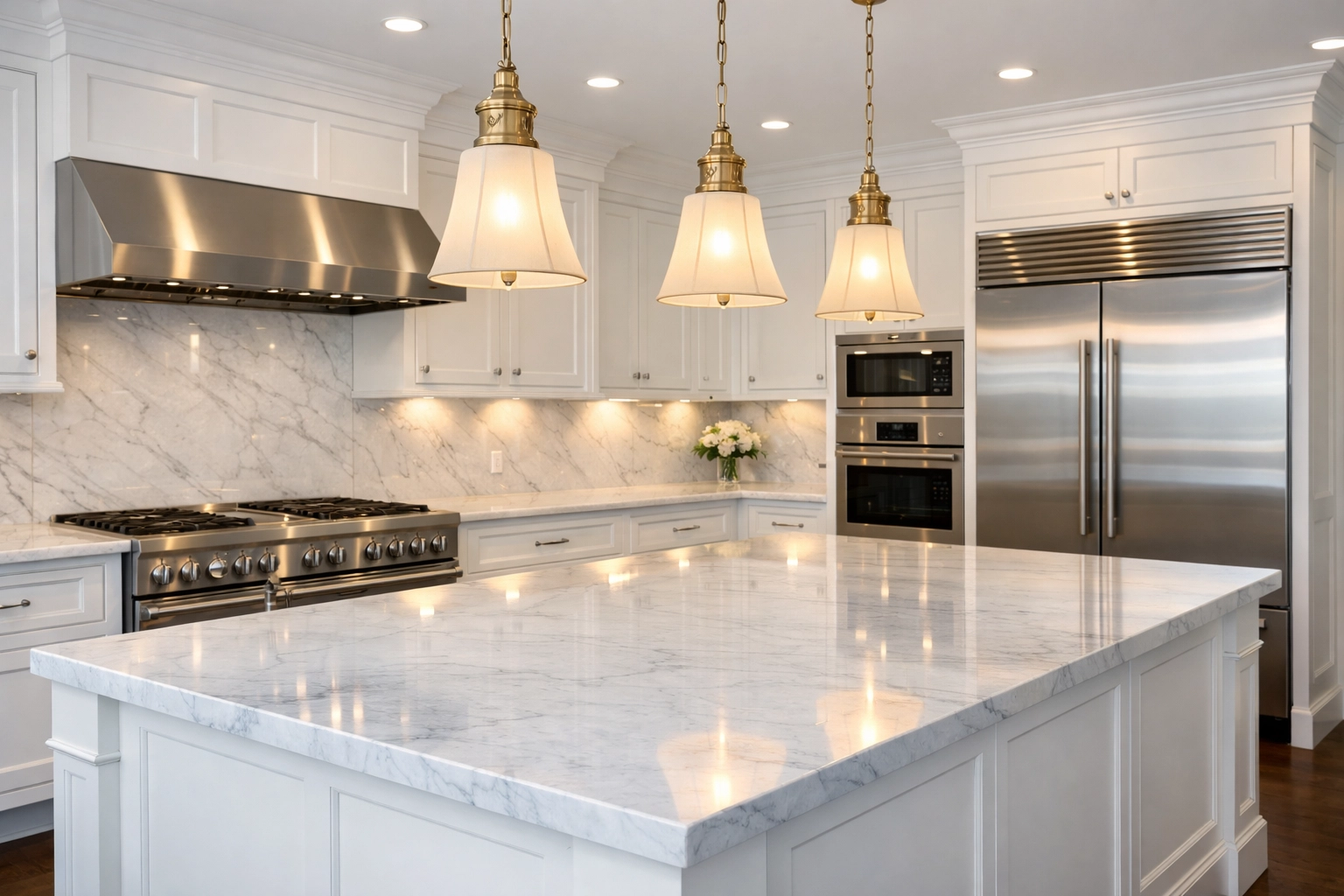 Professionally cleaned luxury kitchen in Harvard, MA, with sparkling marble countertops and white cabinetry.