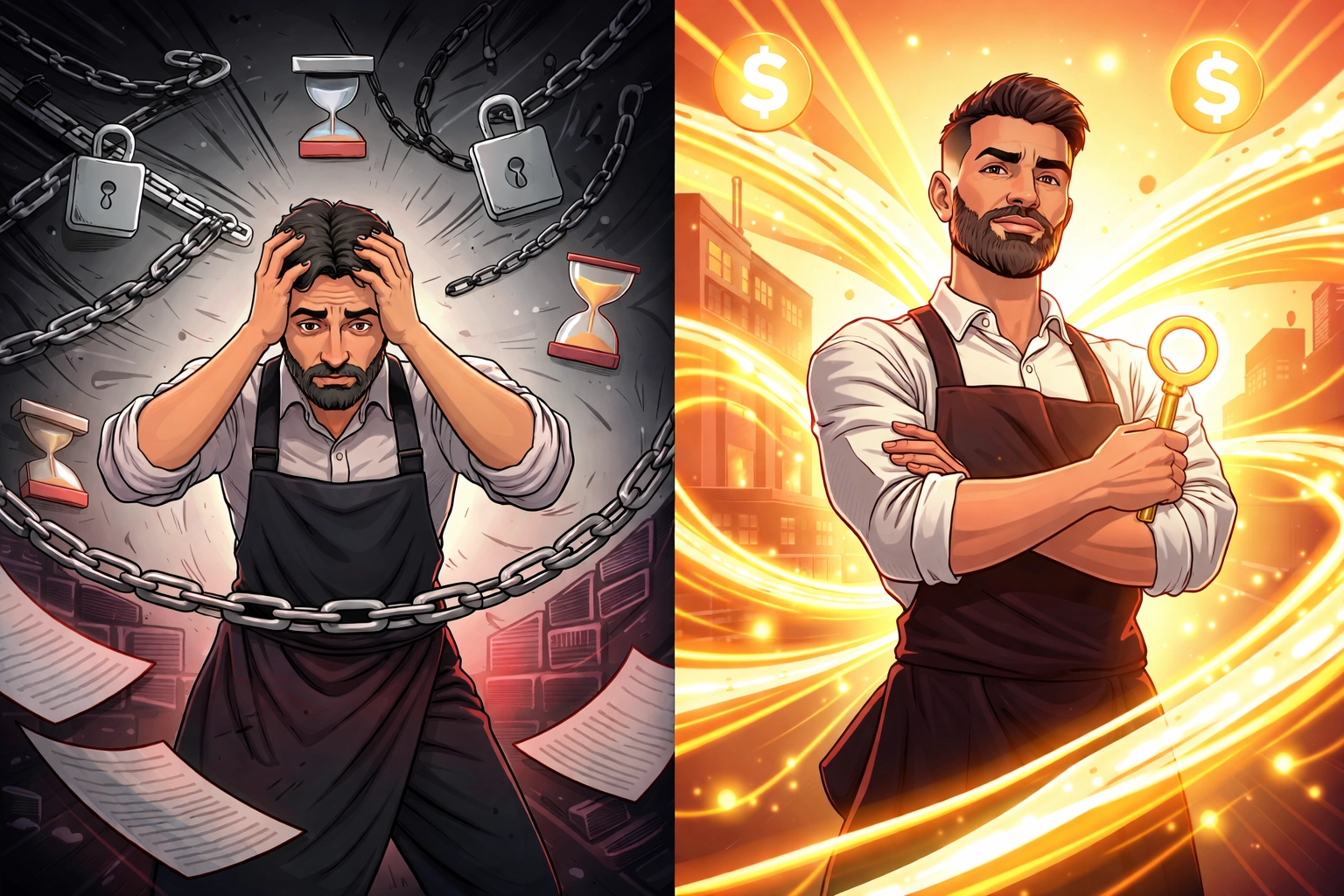 Split-screen showing a stressed merchant facing restrictions versus a confident merchant with direct, instant self-custody payments.