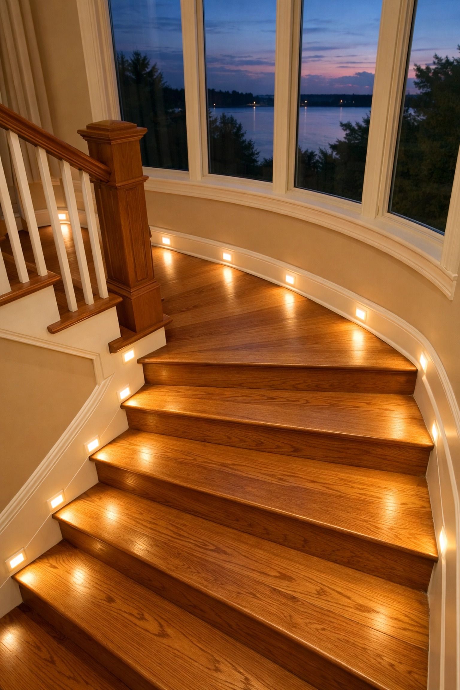 Wooden staircase illuminated by motion-sensor LED baseboard lights for enhanced nighttime stair safety.
