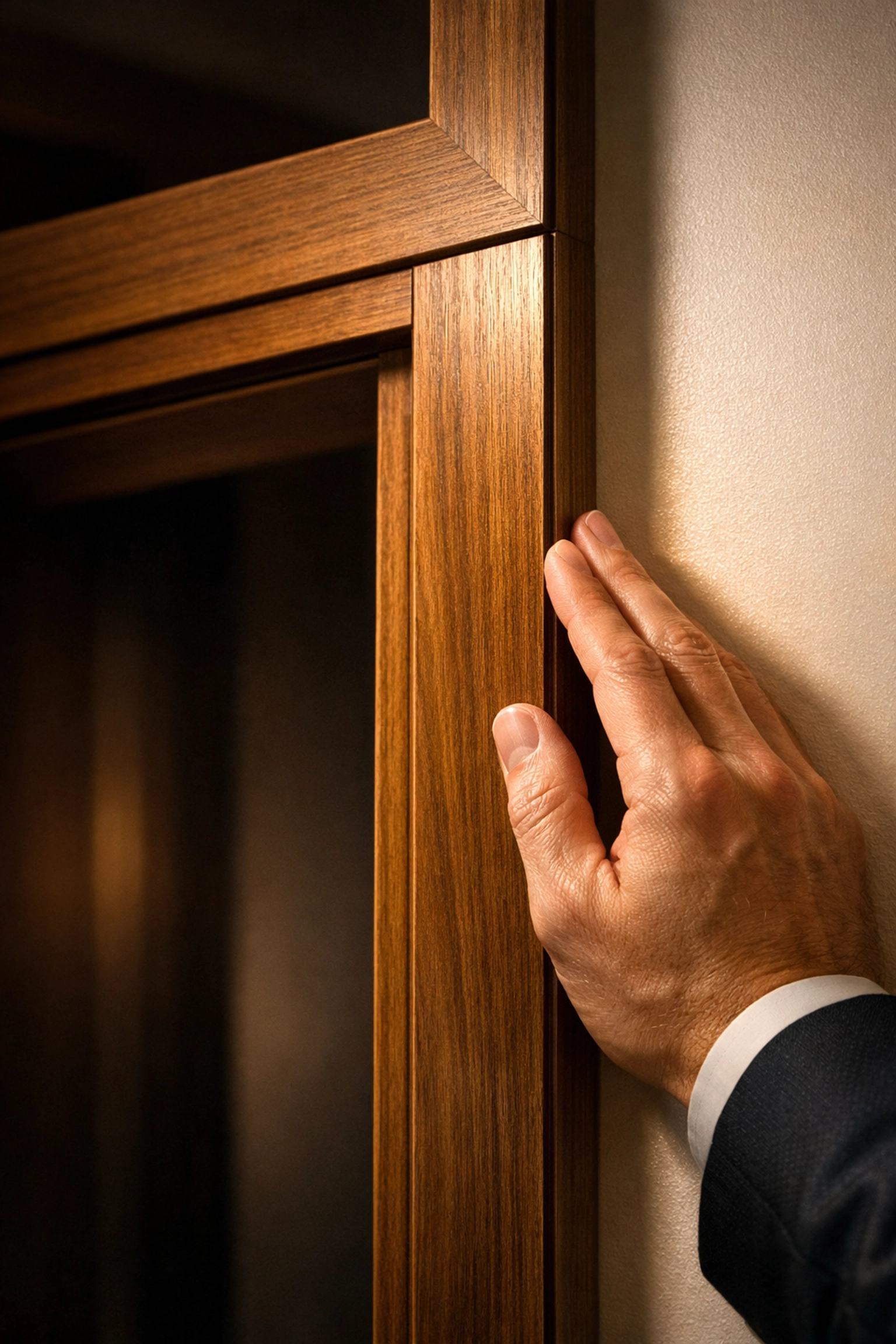 A builder’s hand inspecting the high-quality finish of a wooden door frame during a final snagging list check.