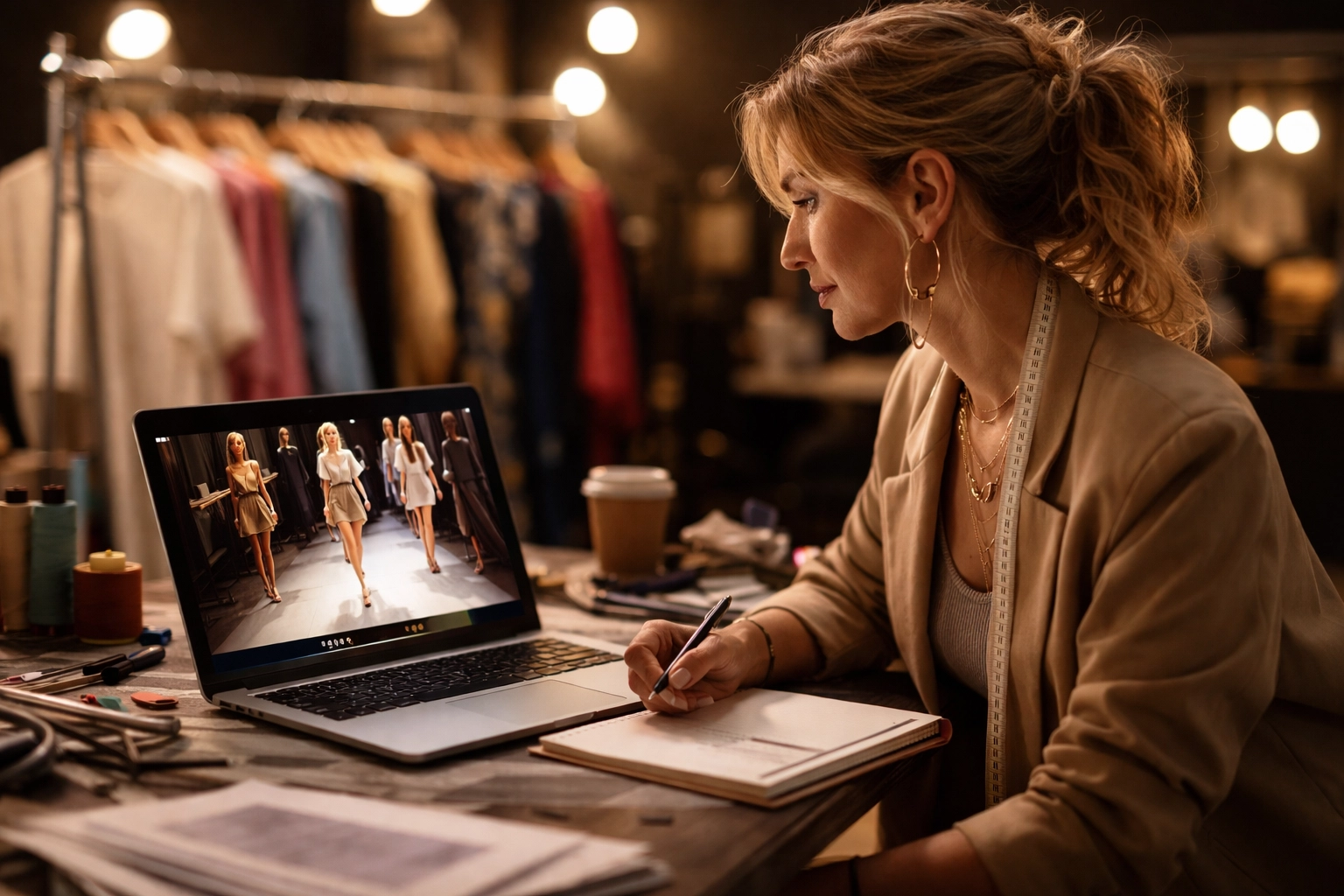 Fashion designer reviewing model auditions backstage while preparing for New York Latin Fashion Week casting.