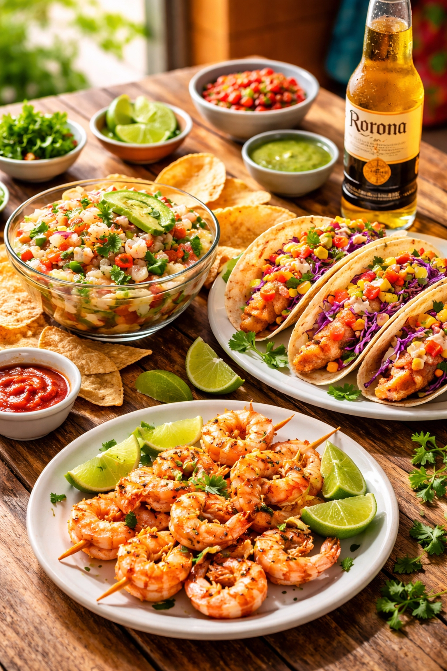 Colorful seafood dishes including ceviche, fish tacos, and grilled shrimp at a casual Puerto Vallarta restaurant near Old Town.