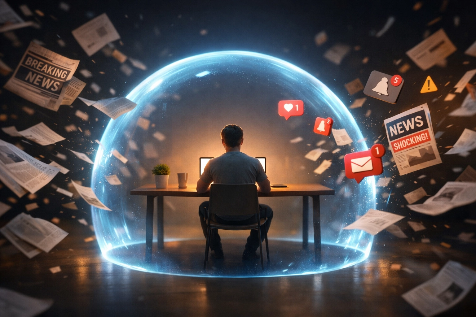 Person peacefully working at desk shielded from overwhelming news notifications and information overload