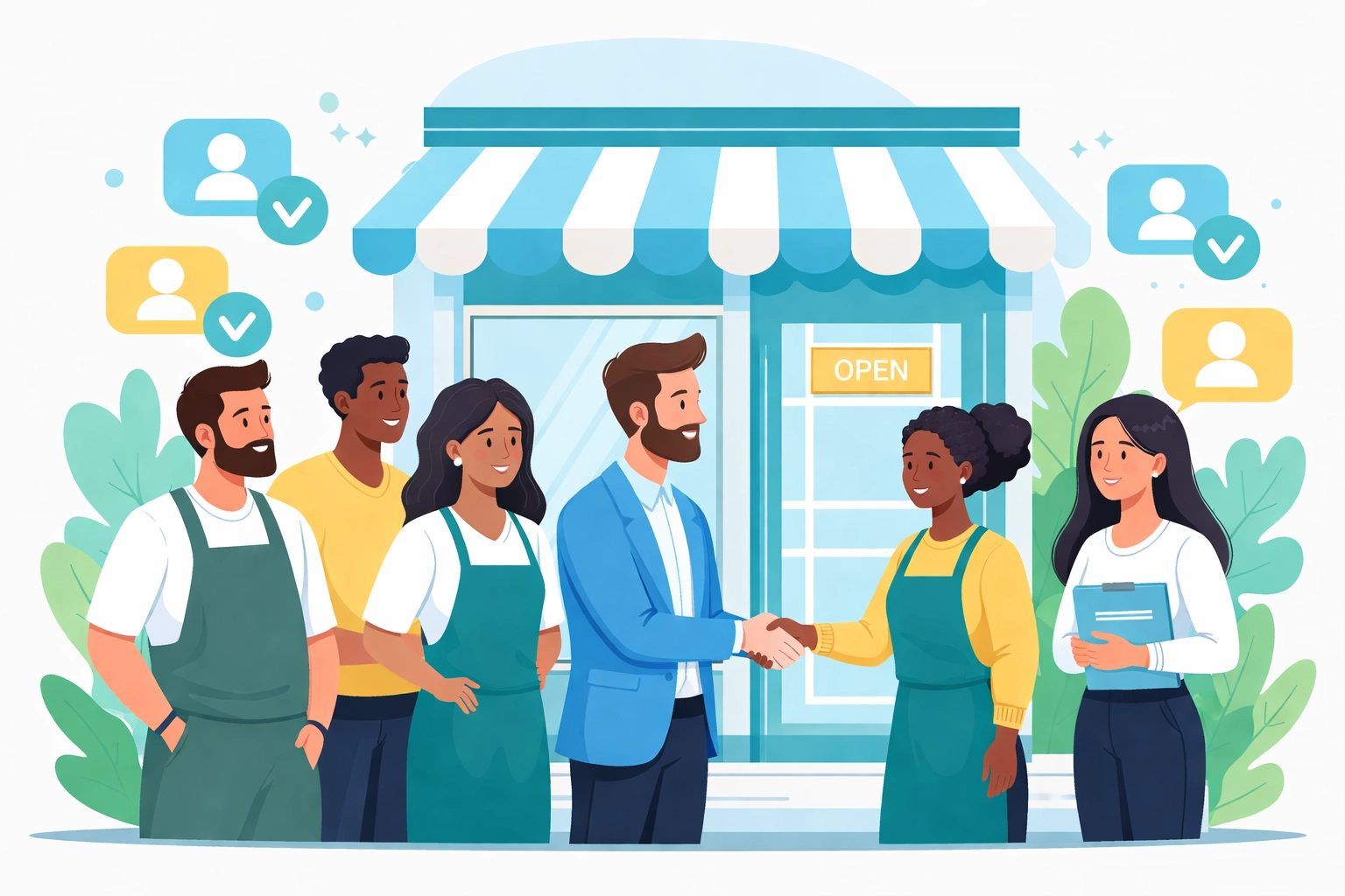 Business owner and diverse employees shaking hands in front of storefront highlighting hiring tax credits