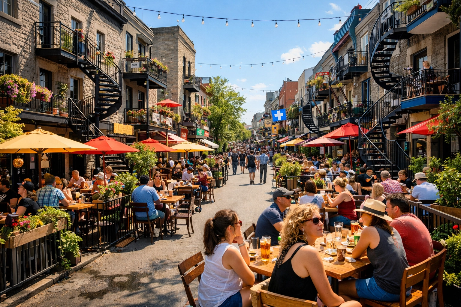 Vibrant pedestrian street with summer terraces and classic architecture in Montreal's Plateau.