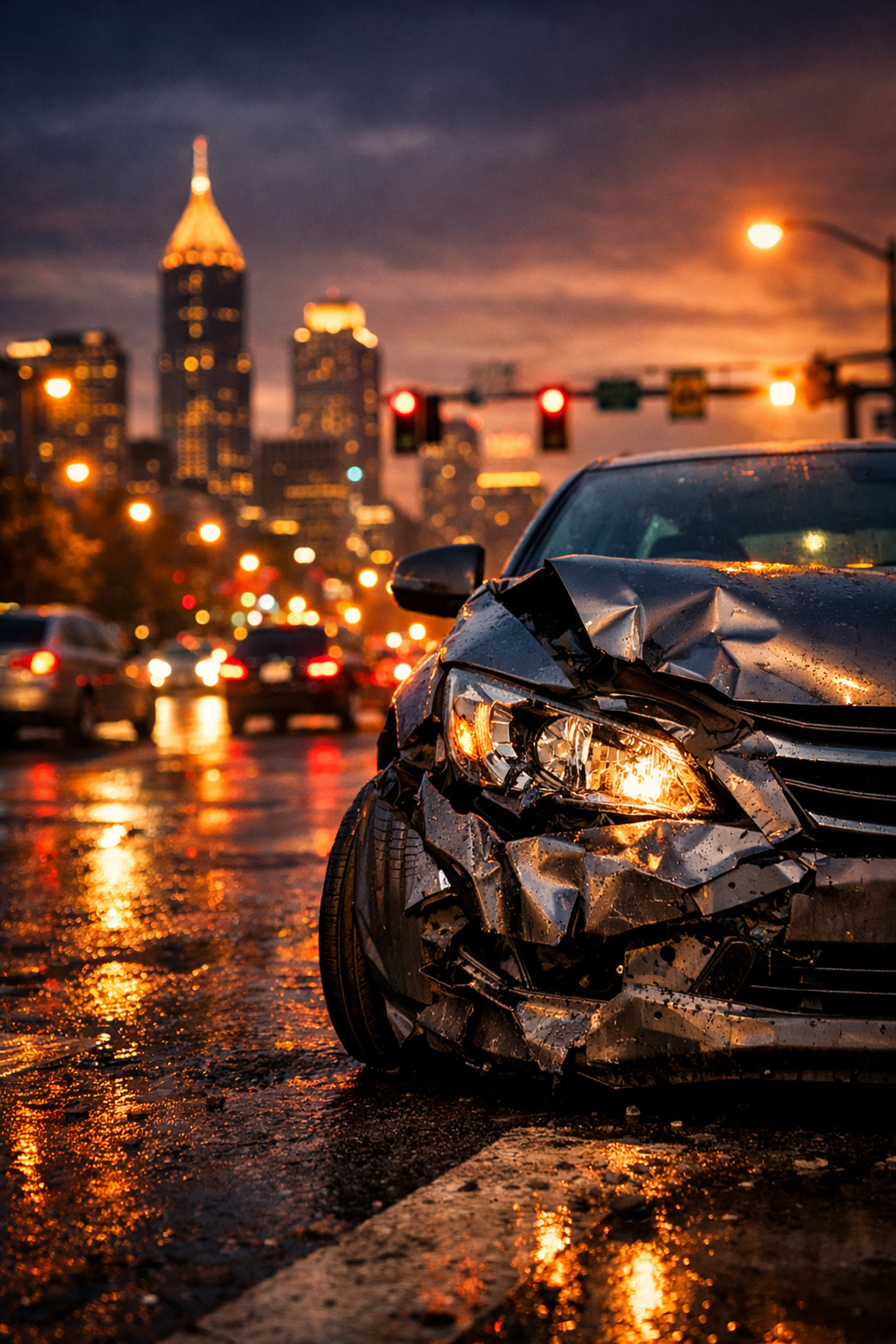 Damaged car after uninsured driver accident in Atlanta intersection at night