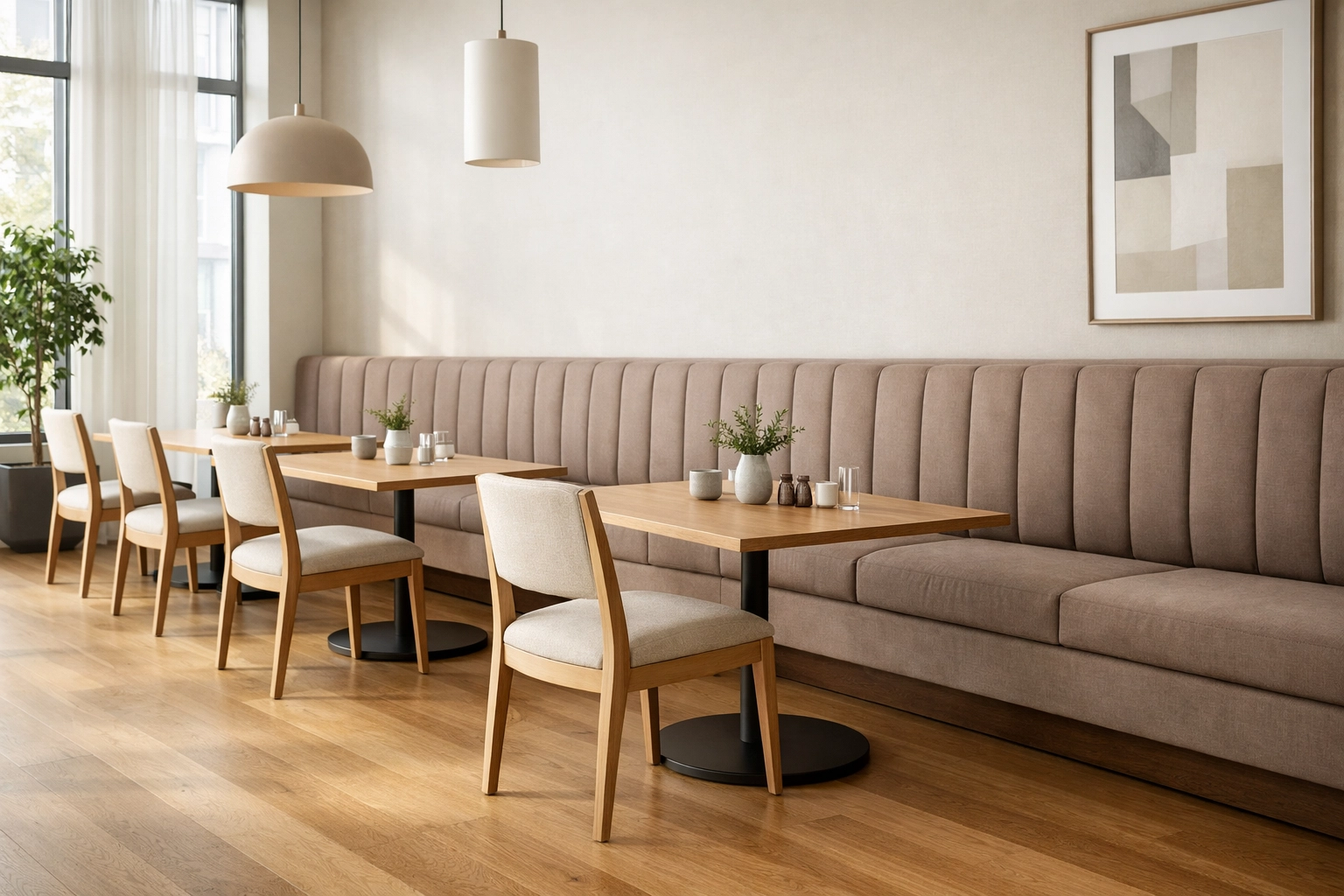 Custom taupe upholstered banquette and modern dining chairs in a contemporary commercial space.