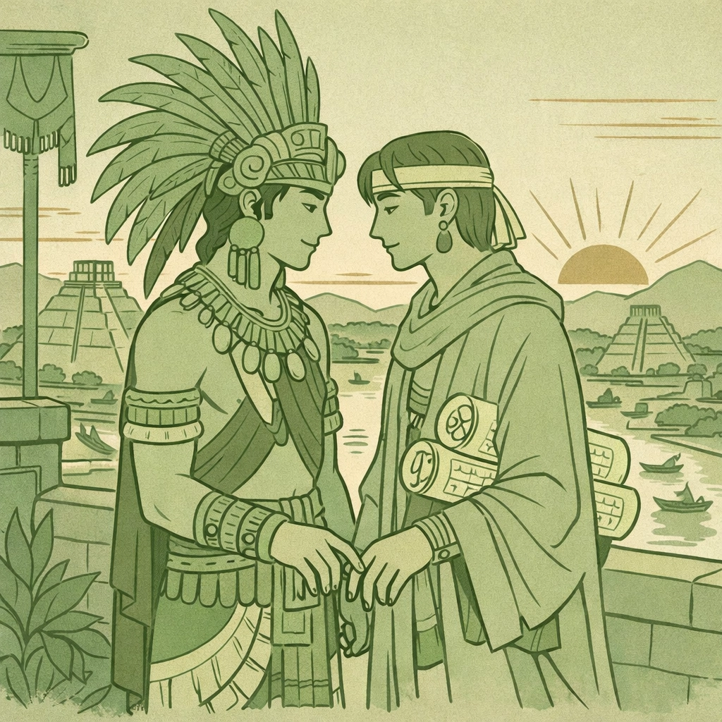 Two Aztec princes in traditional garments share forbidden moment on Tenochtitlan palace terrace at sunset
