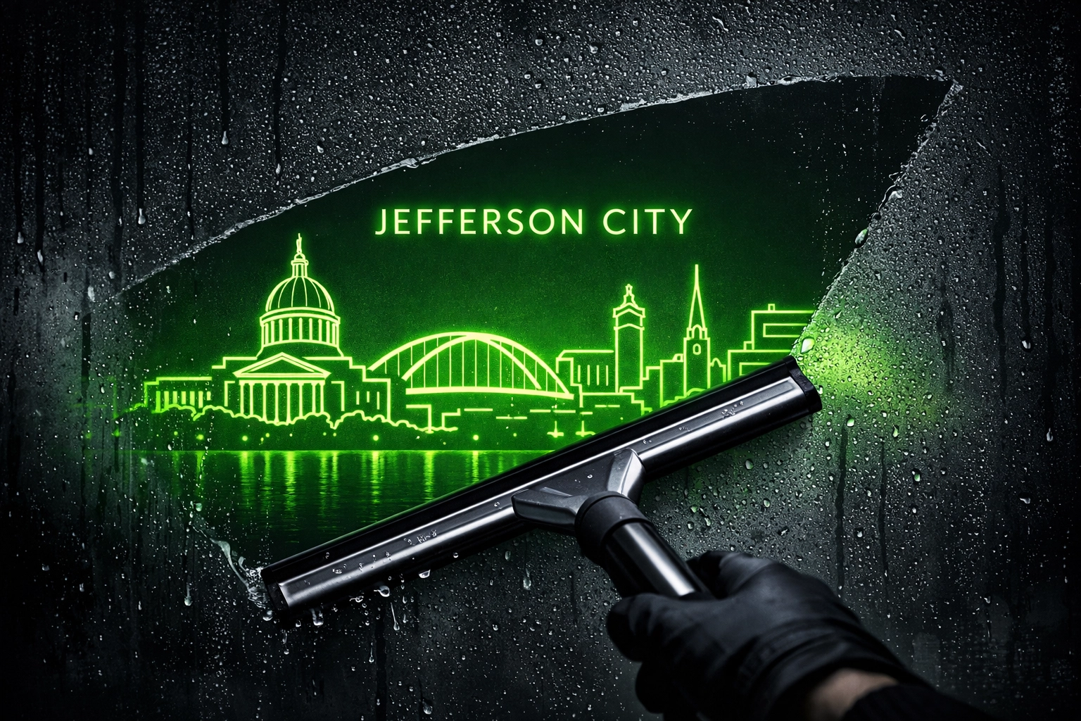 A squeegee clearing a window to show the Jefferson City skyline for commercial window washing services.