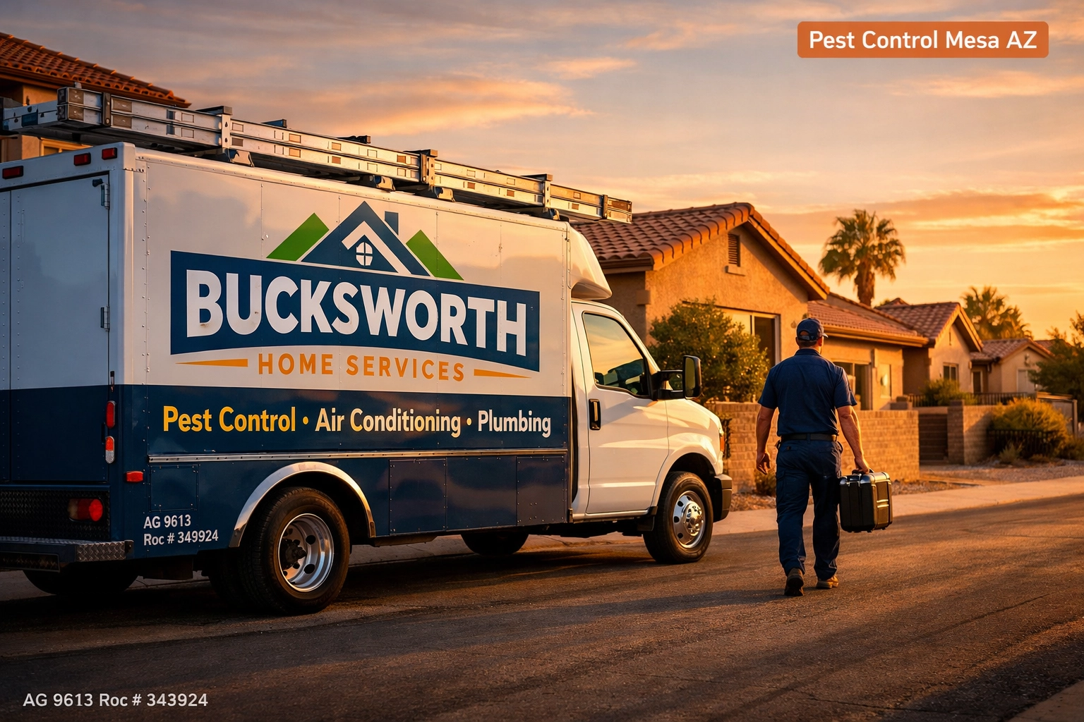Bucksworth Home Services truck arriving for residential pest control in a Mesa neighborhood.