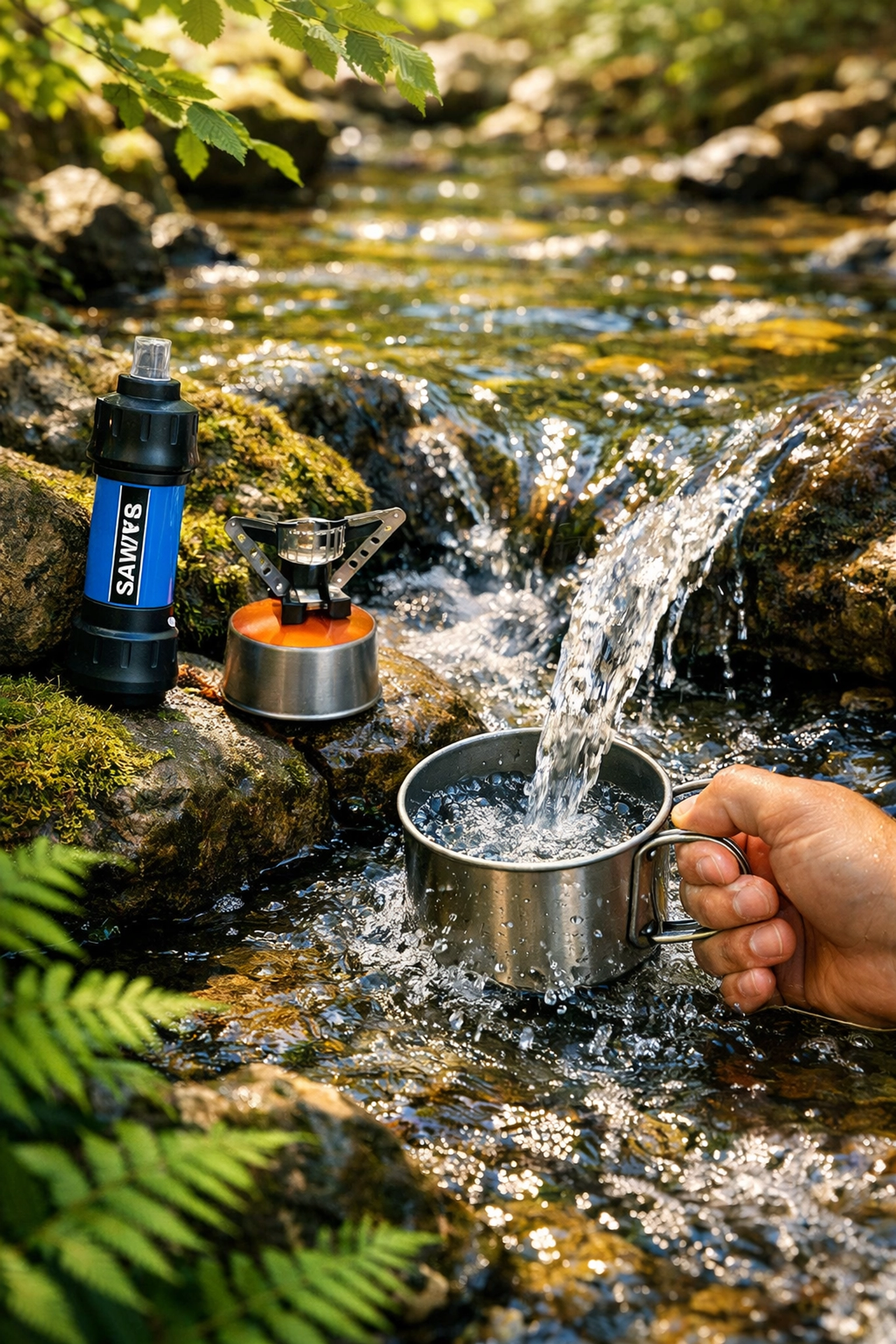 Water purification equipment and camping cup collecting fresh stream water for safe drinking