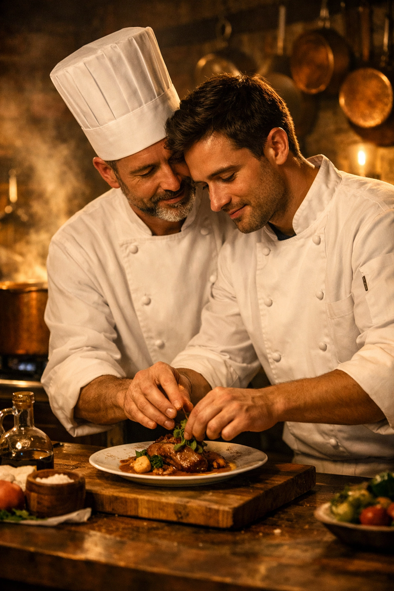 Male chefs plating food in a rustic Lyon kitchen, reflecting a gay workplace romance setting.