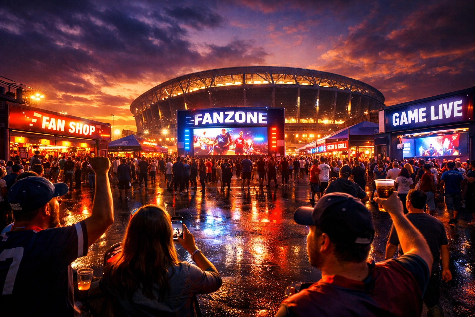 Digital marketing displays in a crowded fan zone near a stadium during the Super Bowl weekend.