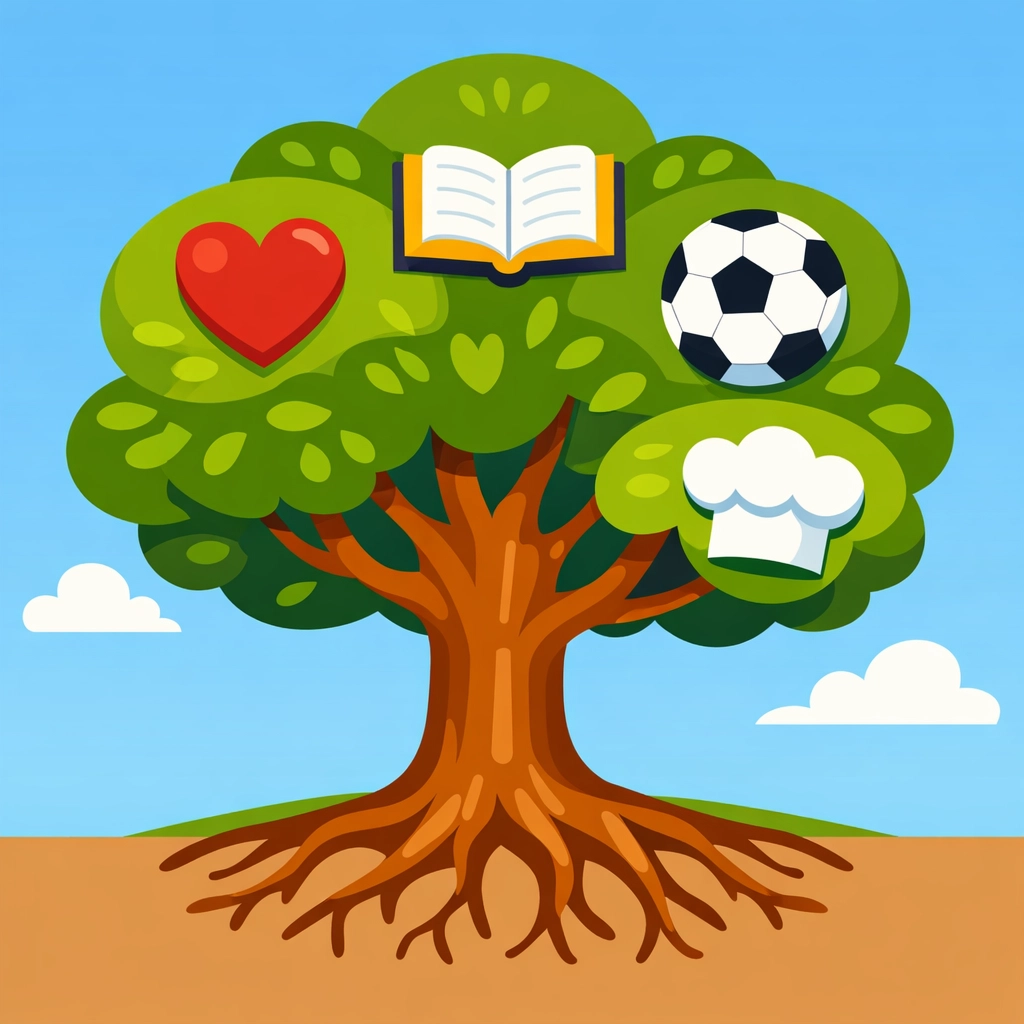 A colorful family tree with icons representing shared values and traditions passed down through a legacy plan.