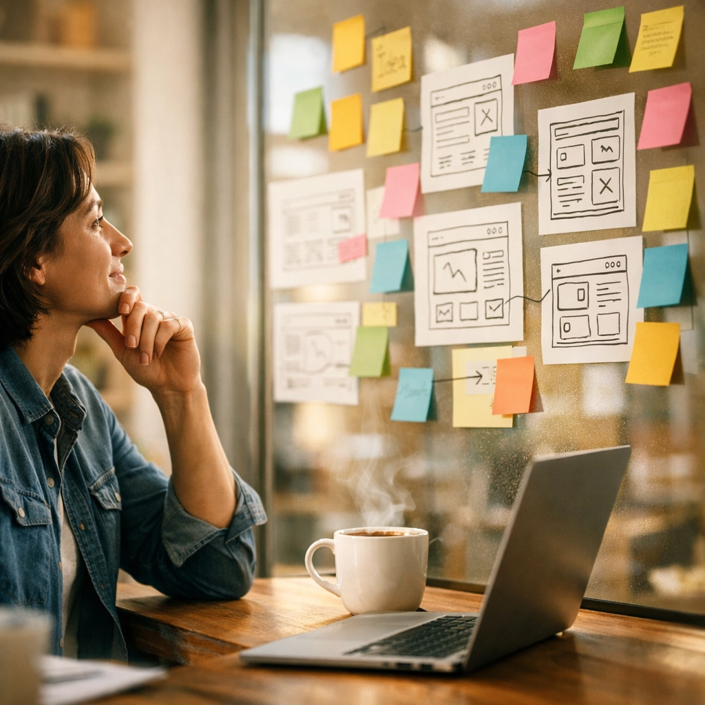Planning a new digital product idea with sticky notes in a home office.