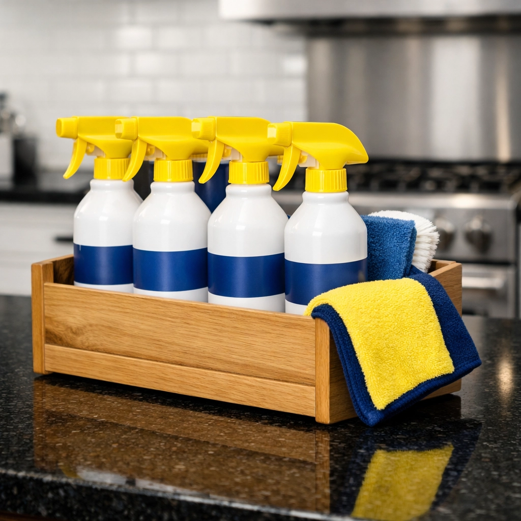 Professional move-out cleaning Worcester kit with eco-friendly supplies on a granite kitchen counter.
