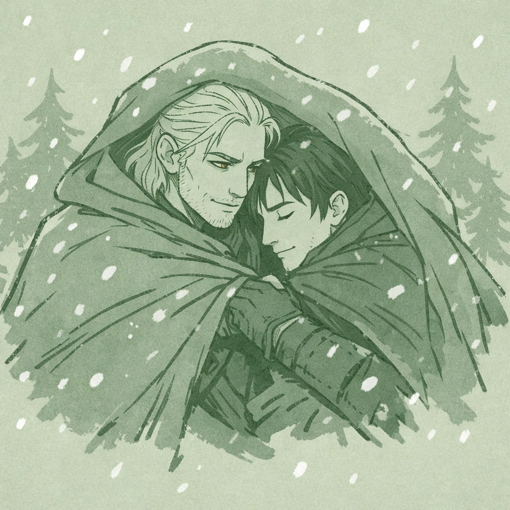 Two men seek shelter under witcher's cloak in snowy forest - MM fantasy romance illustration