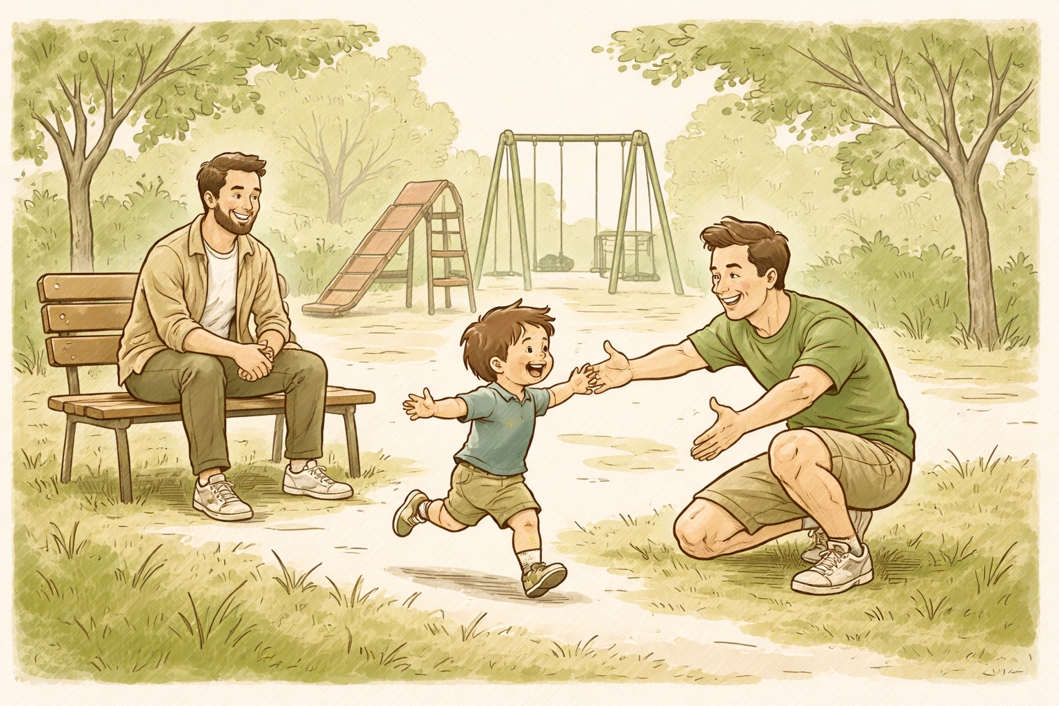 Gay dads cheering on their child at a playground, showing LGBTQ parenting, support, and happiness.