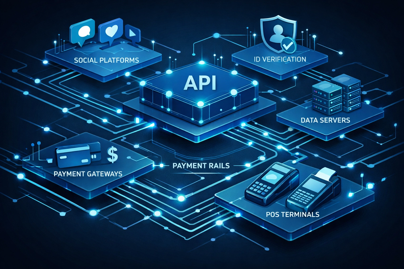 Fintech infrastructure diagram connecting social platforms to POS payment systems