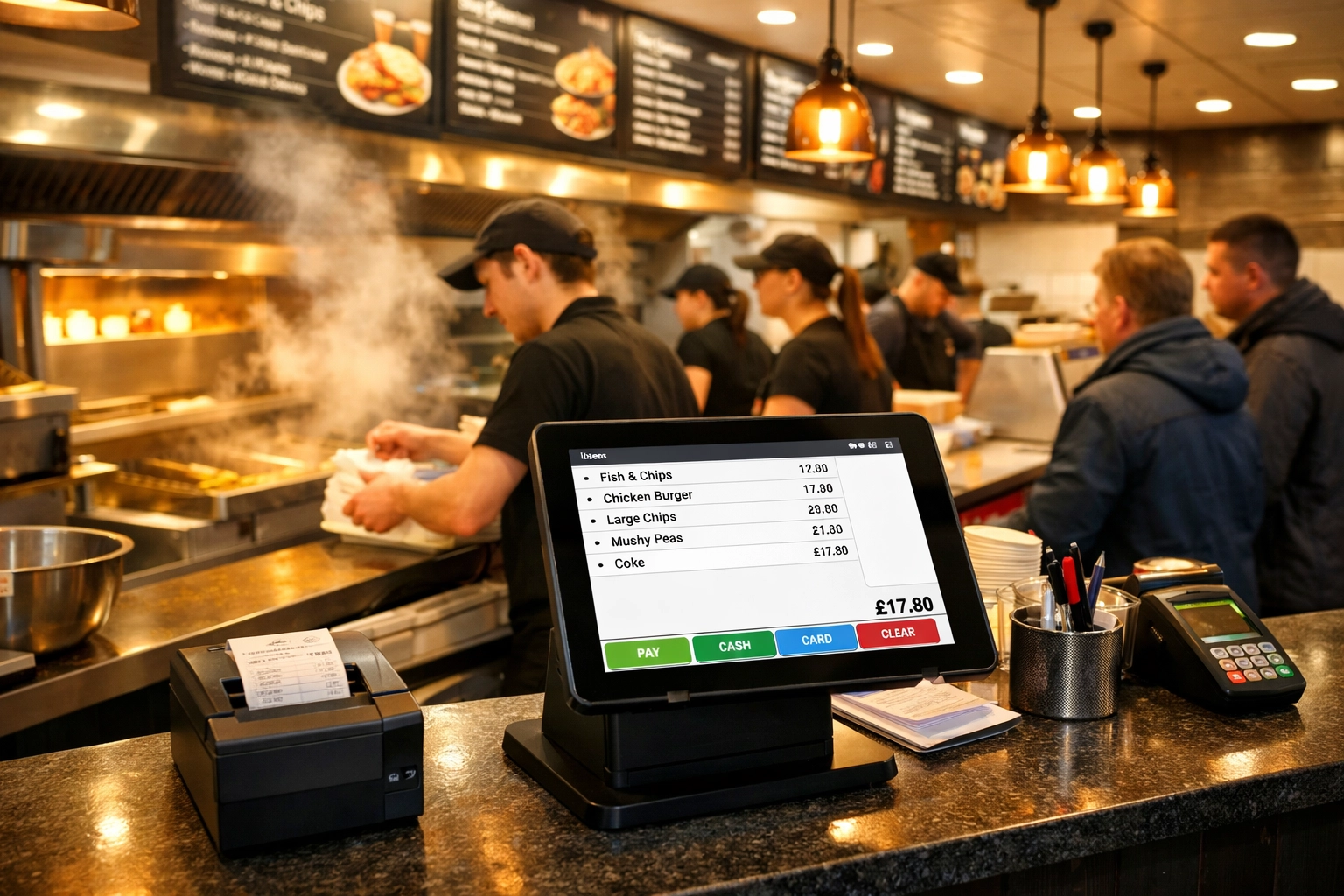 Modern POS system processing orders at busy UK takeaway during peak service hours