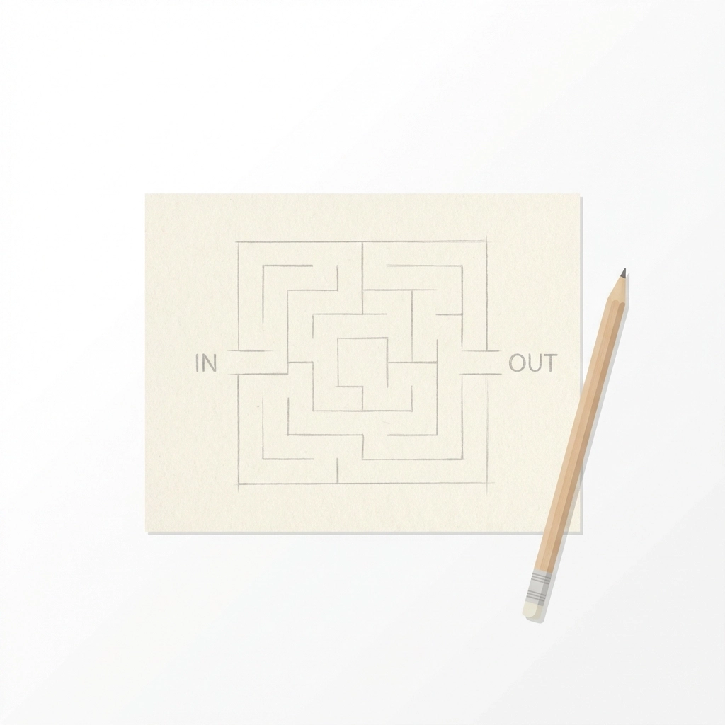Top-down view of a sketched stick maze design on cardboard, showing maze planning before assembly
