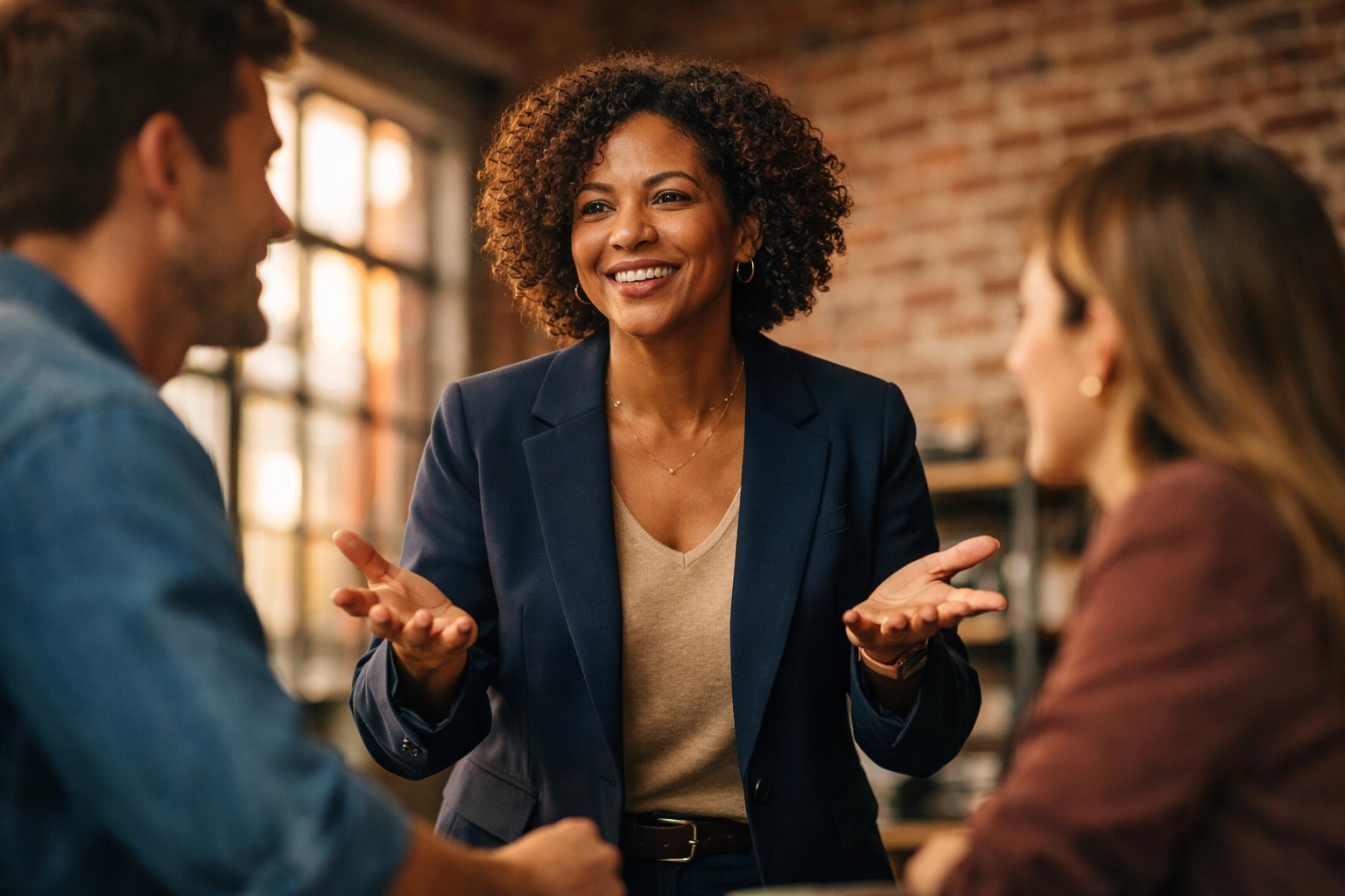 Business leader delegating authority and building trust with team members in collaborative workspace