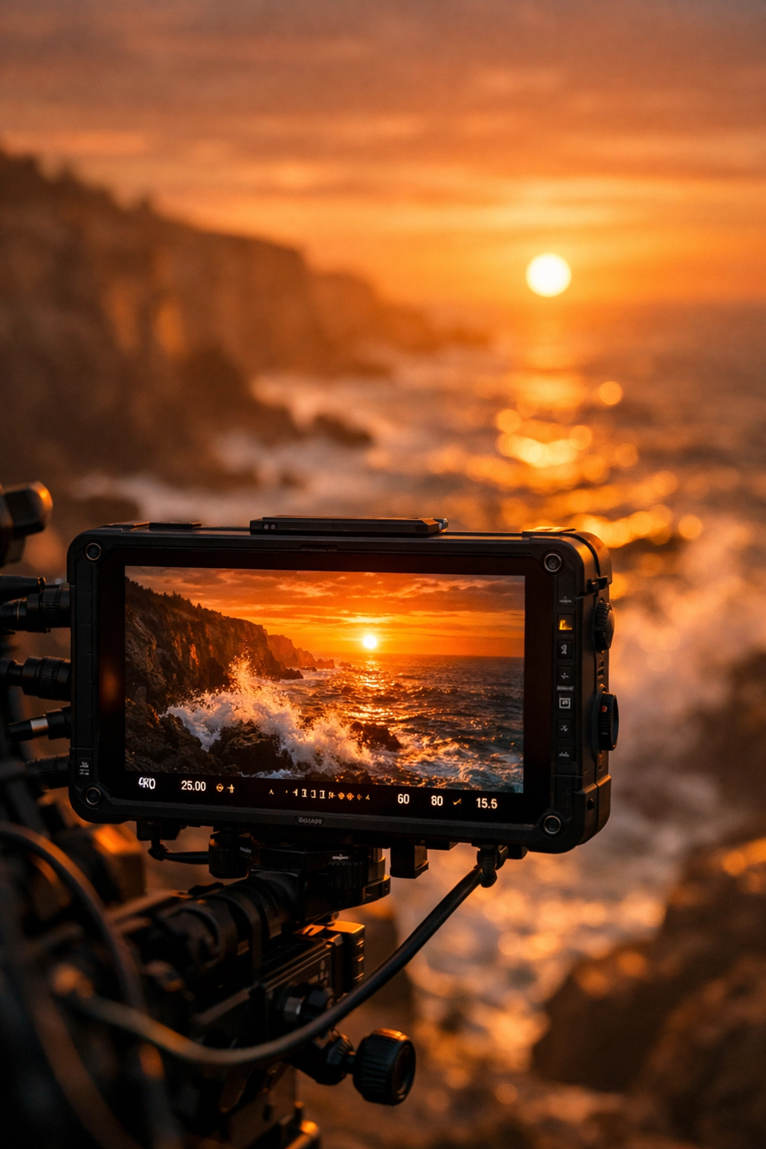 Behind-the-scenes view of a cinematic sunset shoot, demonstrating professional videography techniques.