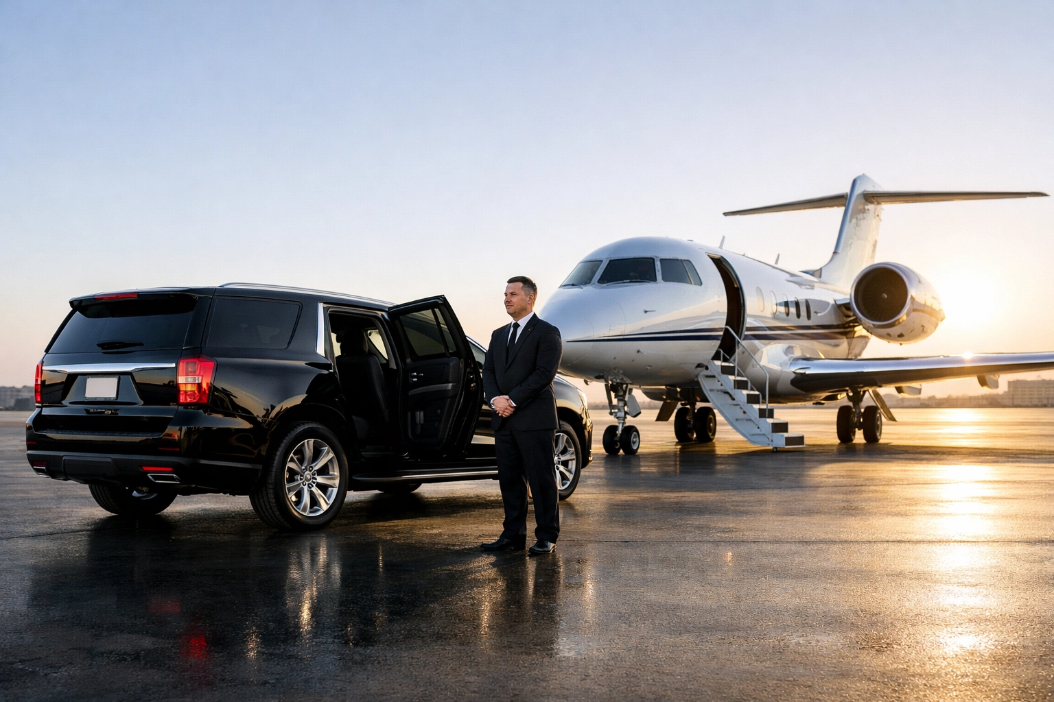 Luxury VIP transportation with an executive SUV and private jet for corporate travel.