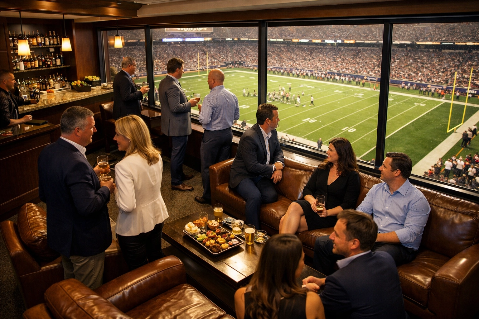 Corporate executives networking in luxury stadium suite during Super Bowl game day