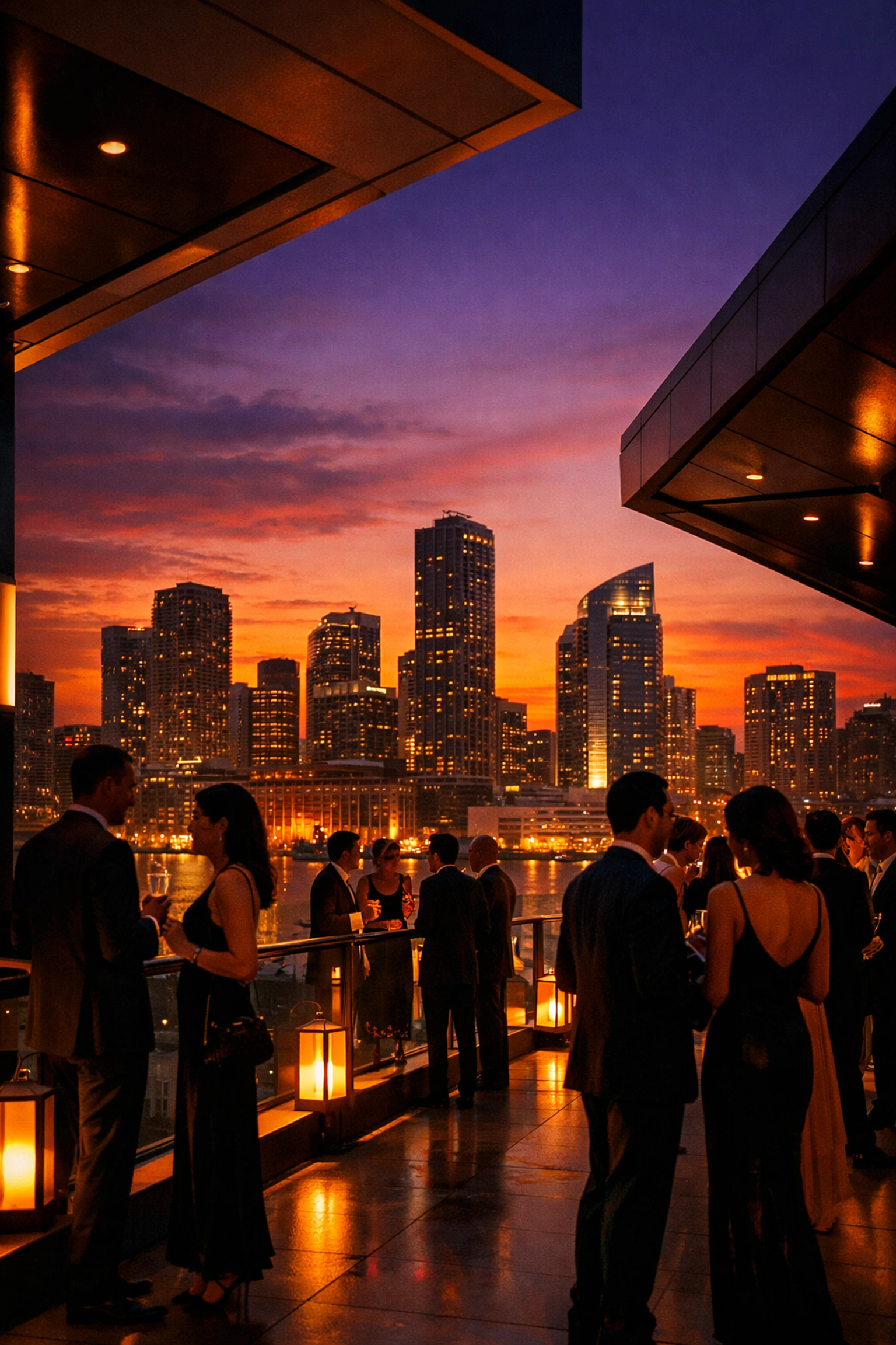 A corporate event photographer Miami capturing an elegant rooftop gala in Brickell during sunset.