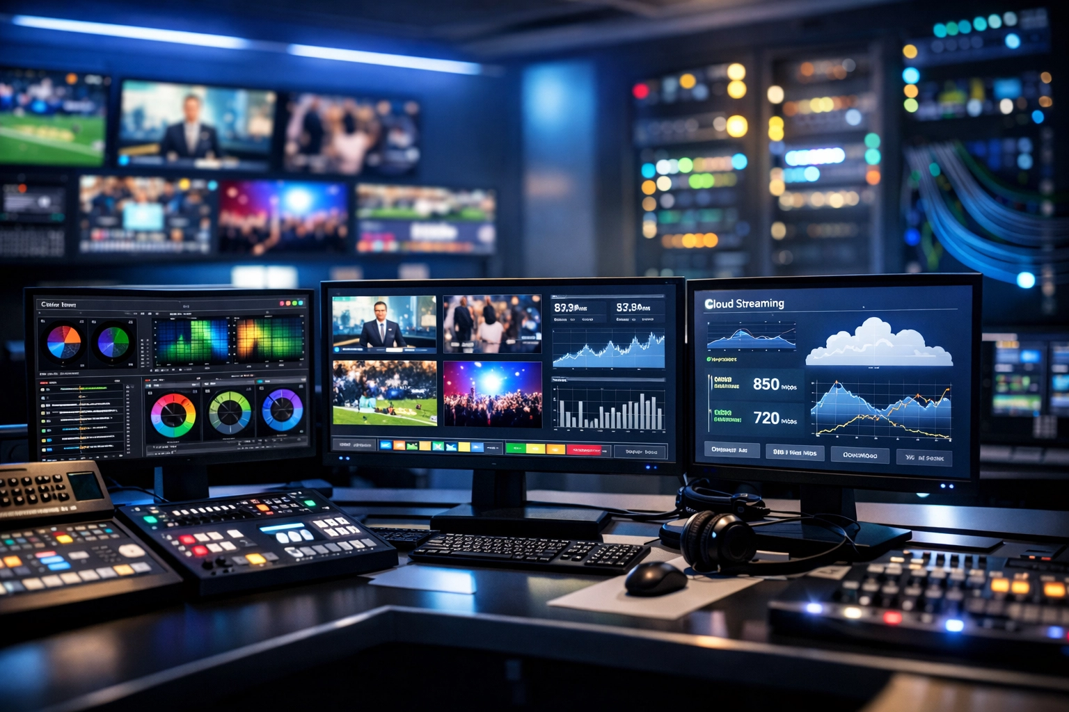 Modern broadcast control room with hybrid IP infrastructure for multi-platform media production