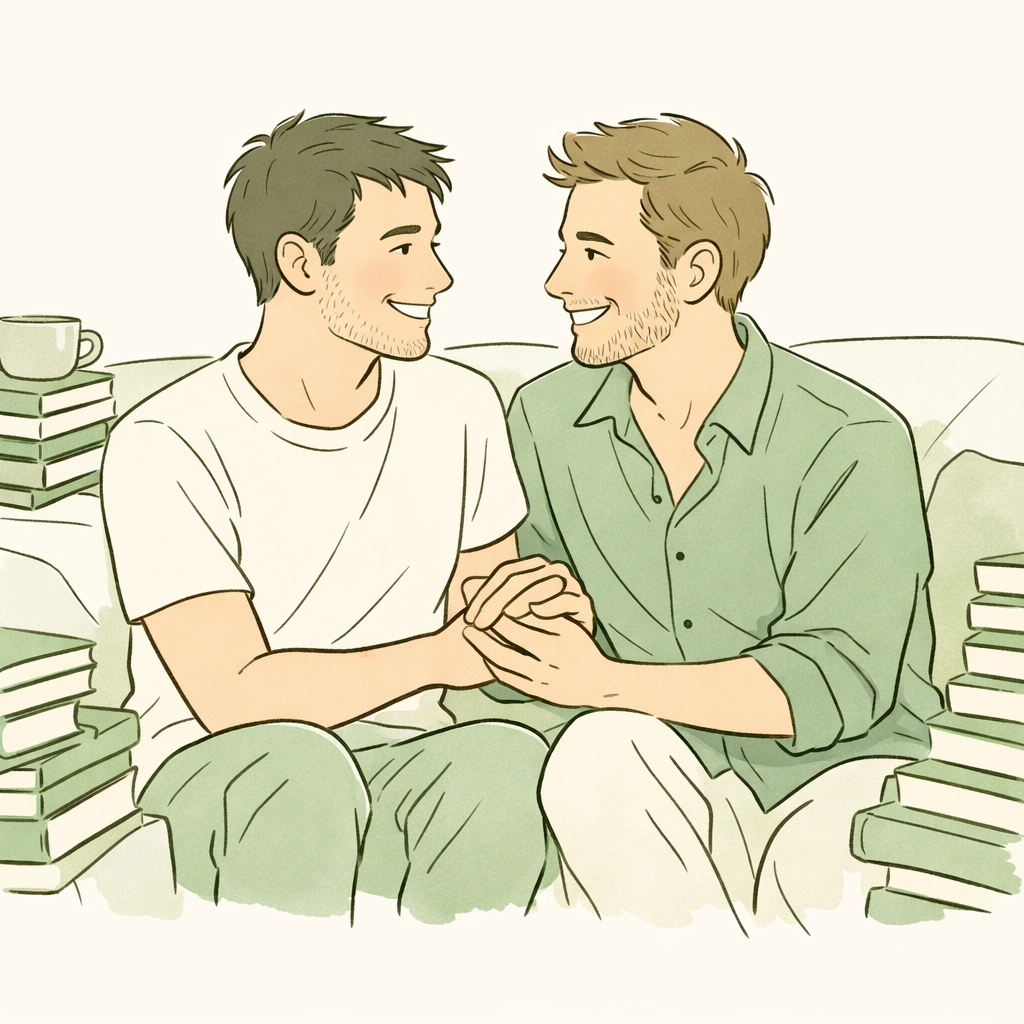 Two men sharing an intimate moment at home with books, representing the freedom of living authentically.