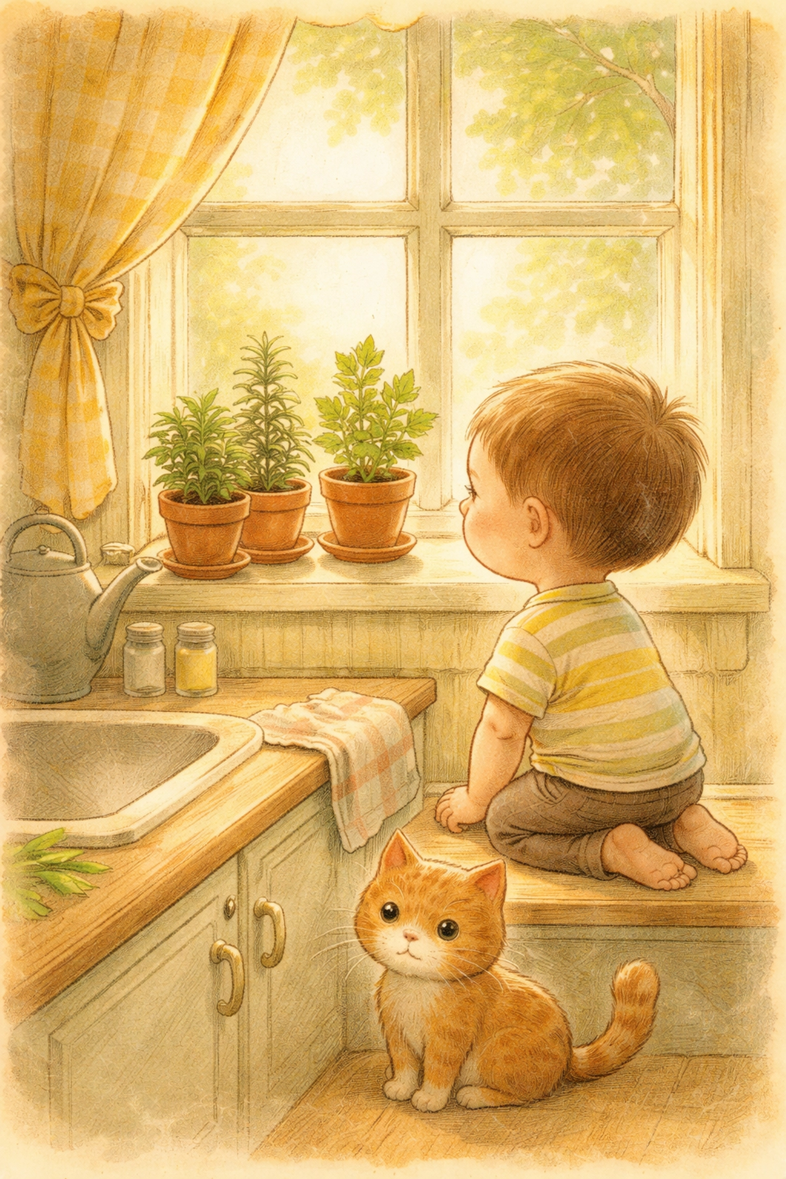Child at kitchen windowsill admiring potted herb plants in a cozy home garden setting for kids