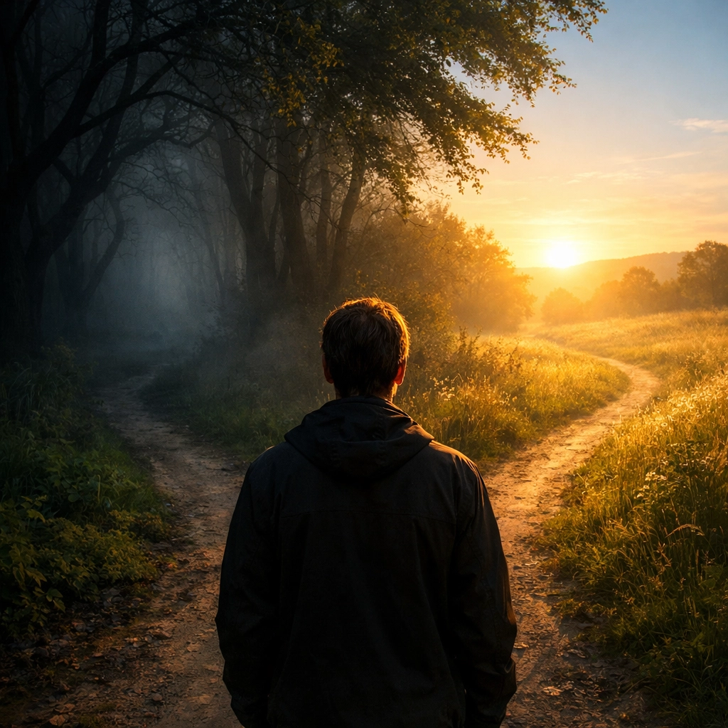 Person at crossroads choosing between shame's dark path and freedom in Christ's light
