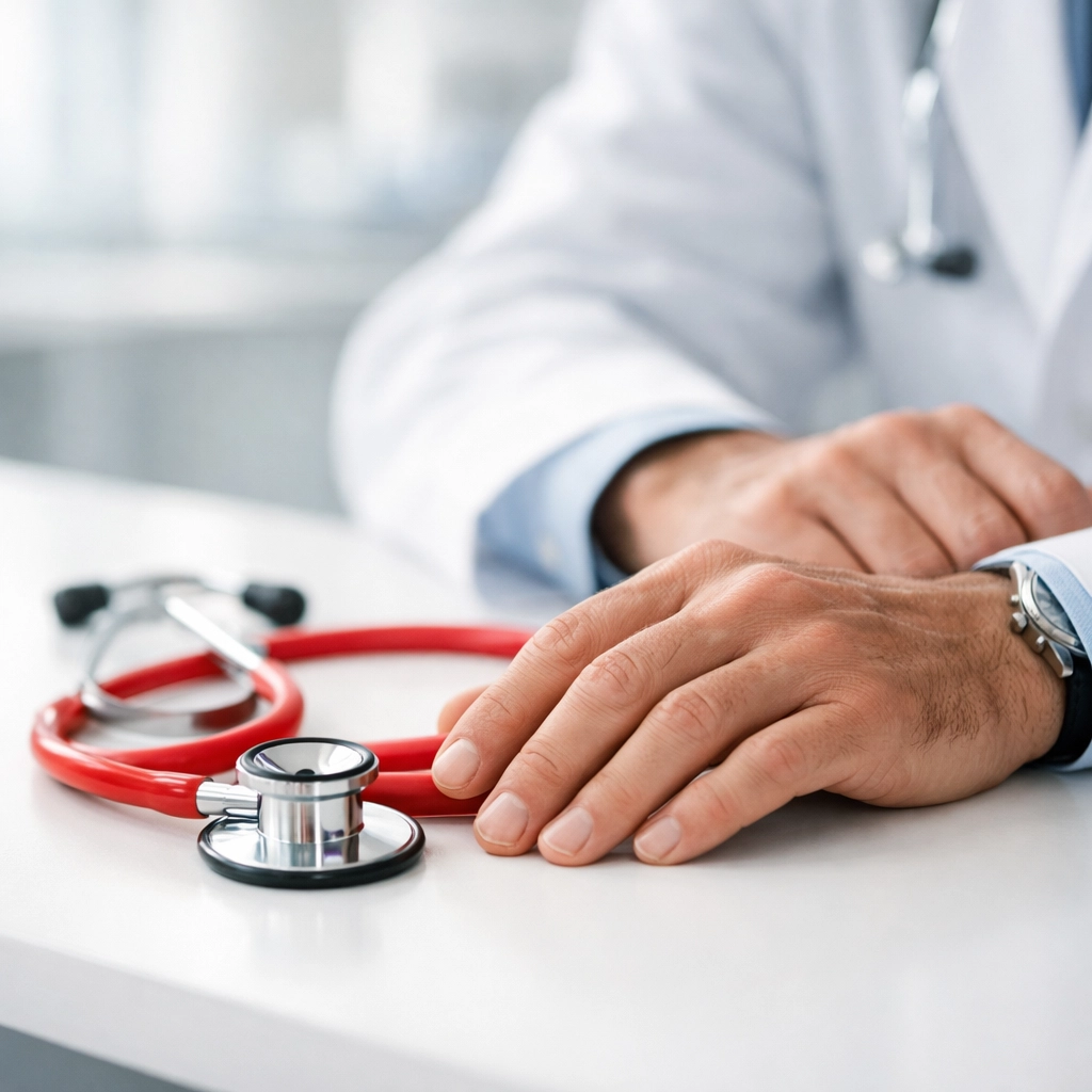 Close-up of a physician's hands on a desk with a stethoscope, emphasizing the need for disability insurance protection.