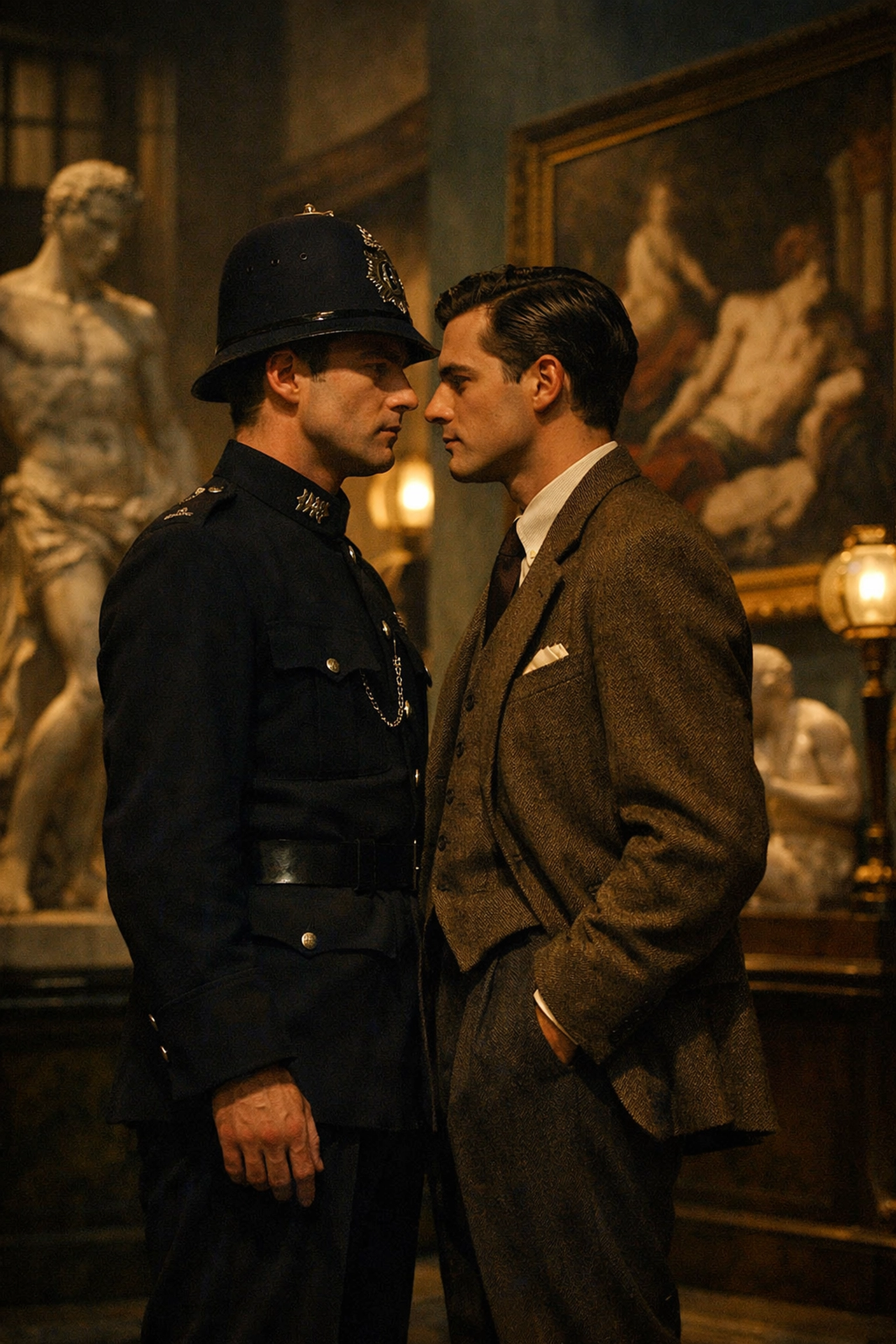 Two men in 1950s museum - forbidden gay romance between policeman Tom and curator Patrick in My Policeman