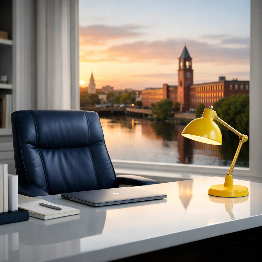 Clean home office in Lowell MA with a river view after a move-in house cleaning Lowell MA service.