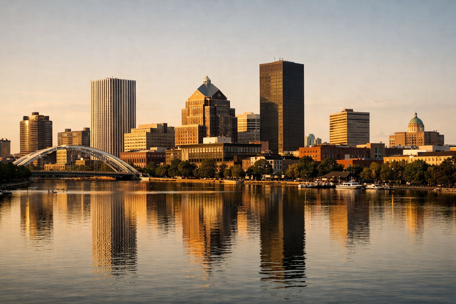 [HERO] Rochester NY Community Help visual — realistic Rochester skyline with natural lighting and a clean, polished look (Rochester vibe front and center)