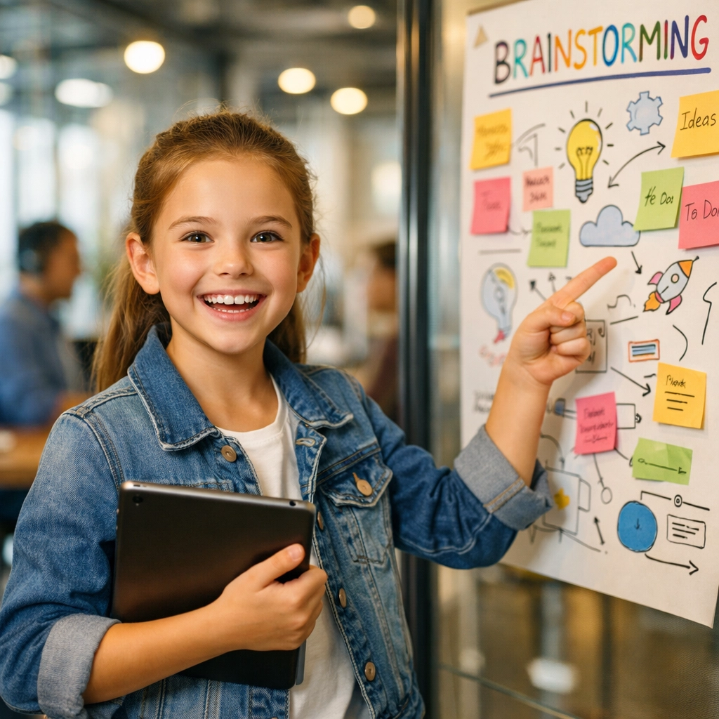 A confident 10-year-old student with an entrepreneurial mindset presenting her ideas in a school innovation lab.