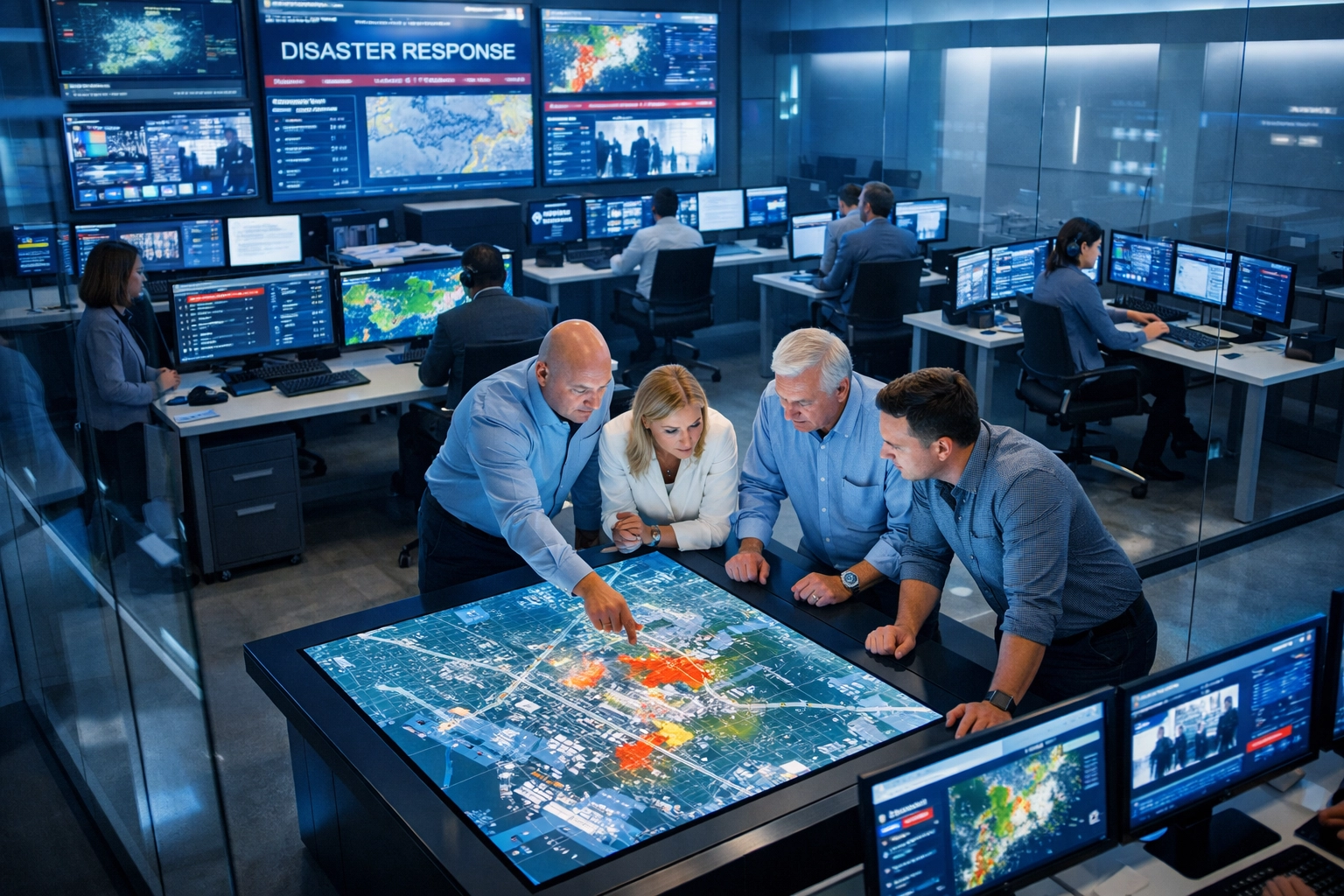 Emergency management professionals collaborating in modern operations center during crisis training exercise
