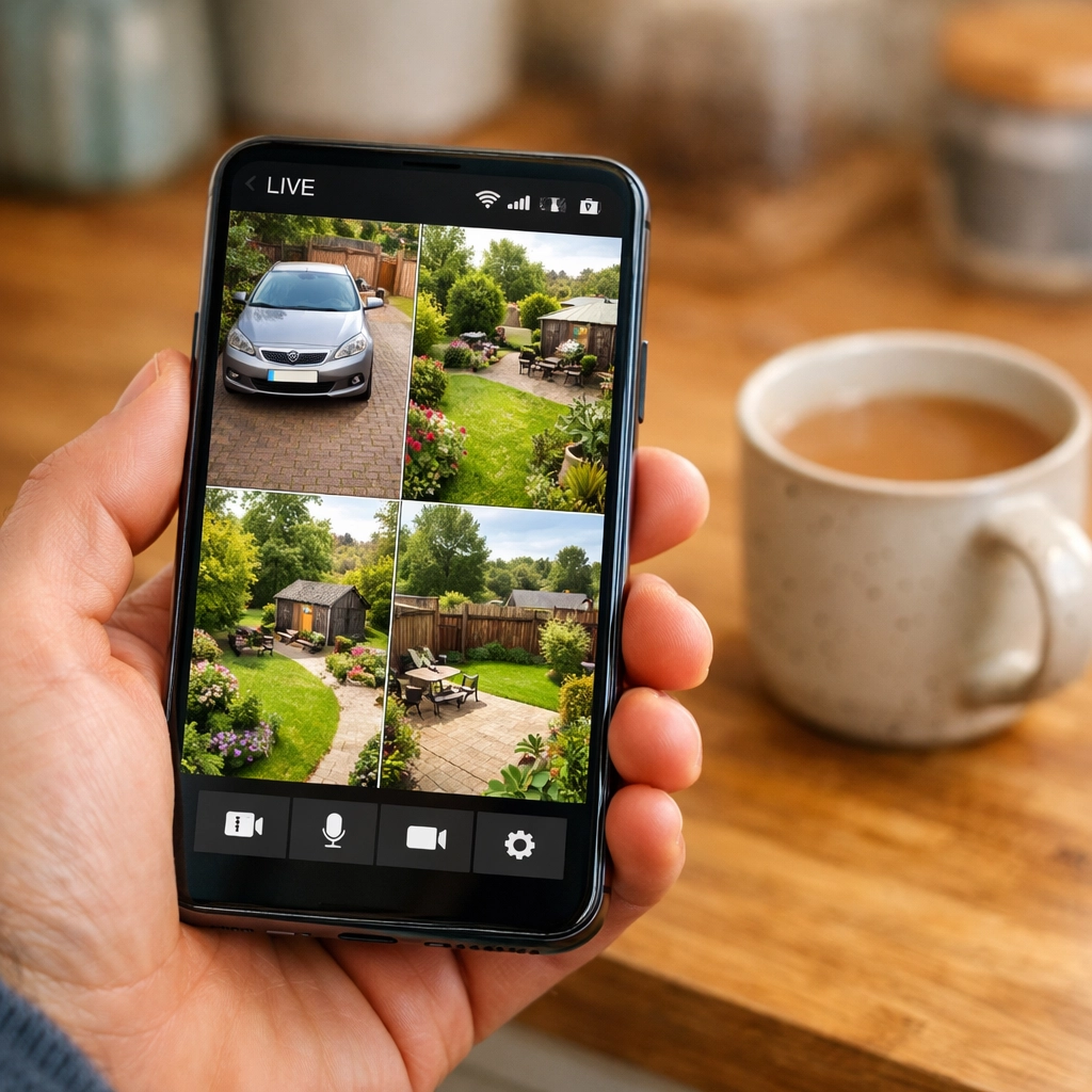 Viewing a high-definition CCTV camera feed on a smartphone app in a British kitchen.