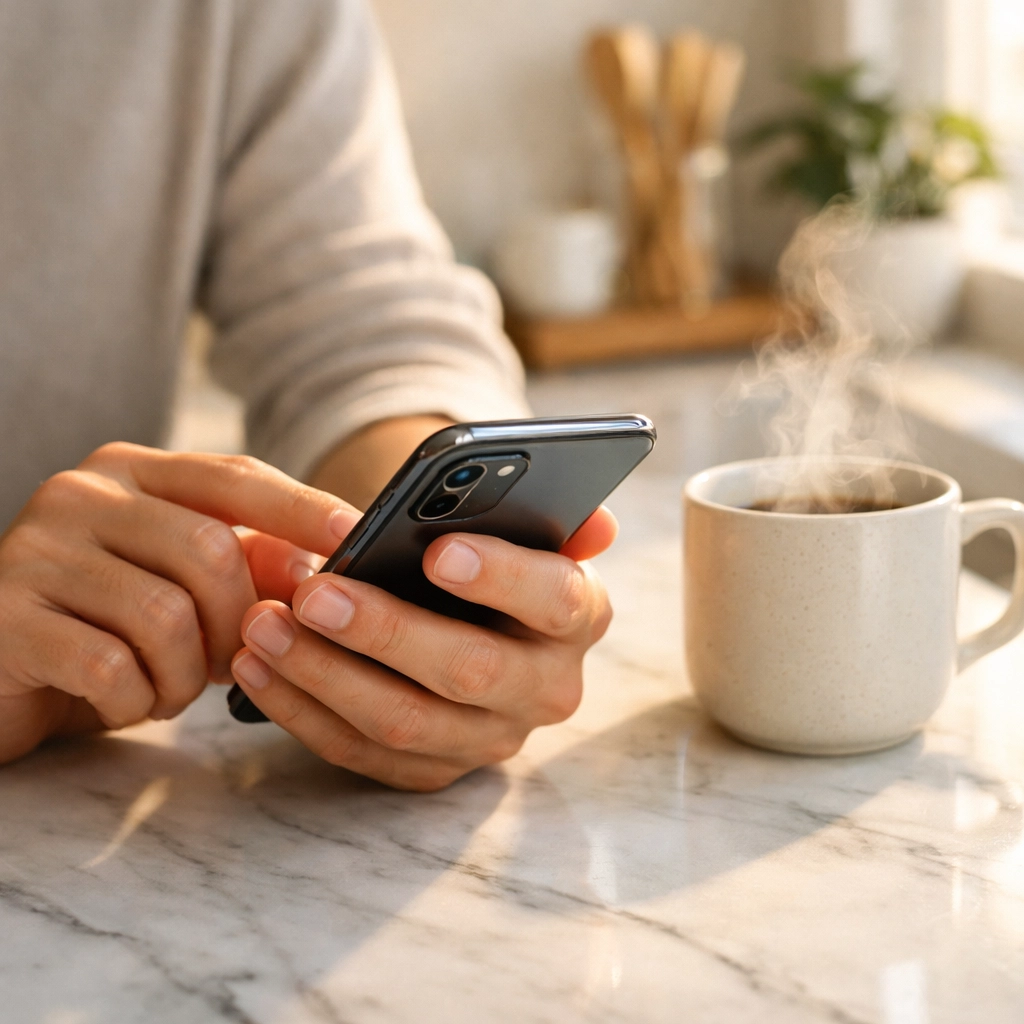 Close-up of hands applying for a no credit check loan canada on a smartphone at home.