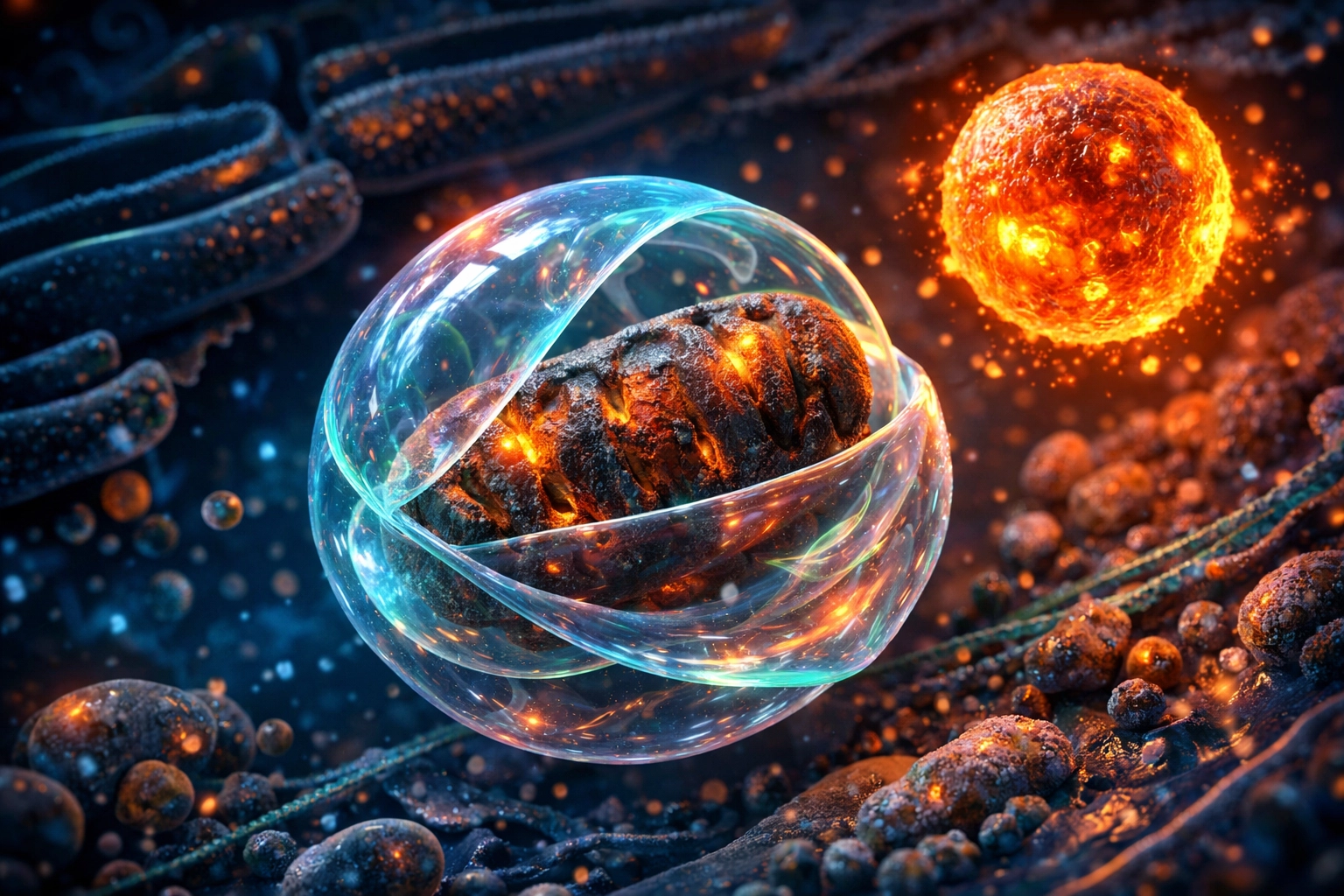 A visualization of the autophagy process showing an autophagosome wrapping around a damaged mitochondrion for recycling.