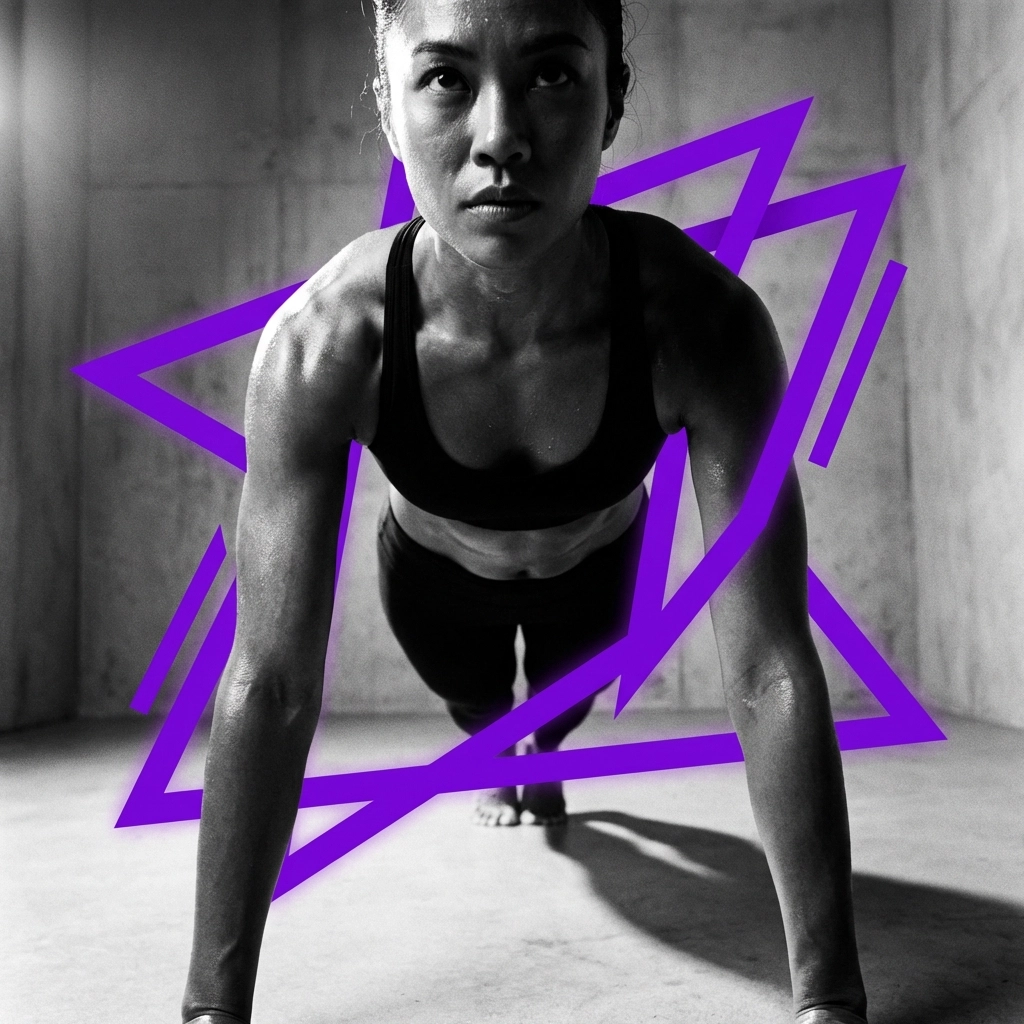 Close-up of a person holding a strong Hot Pilates plank position with defined muscles and sweat, highlighting the workout's strength and core benefits.
