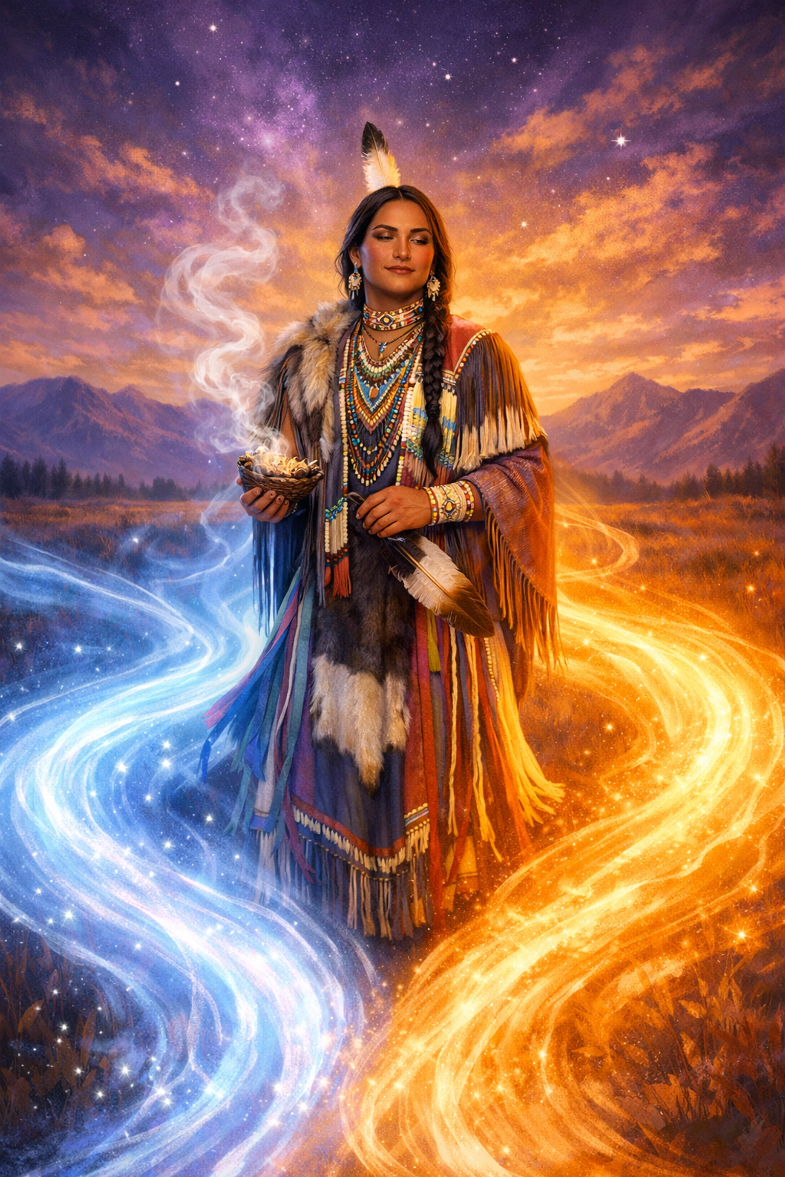 Two-Spirit person in ceremonial regalia surrounded by sacred smoke, embodying masculine and feminine energies