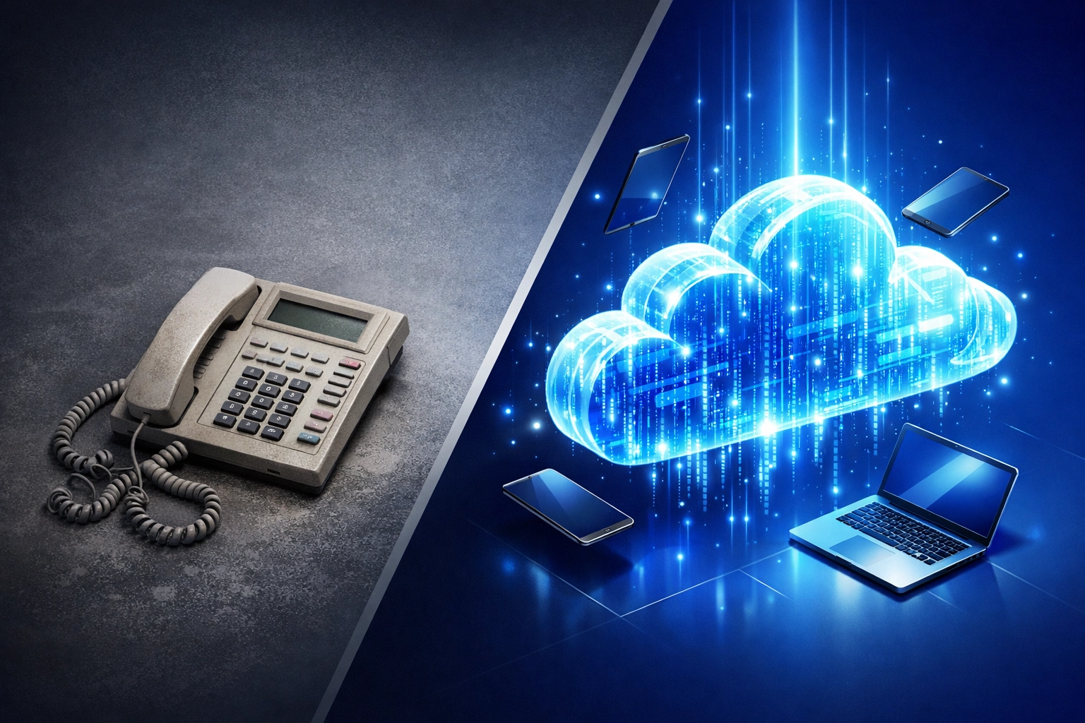 Illustration showing the transition from a legacy desk phone to a digital cloud PBX solution.