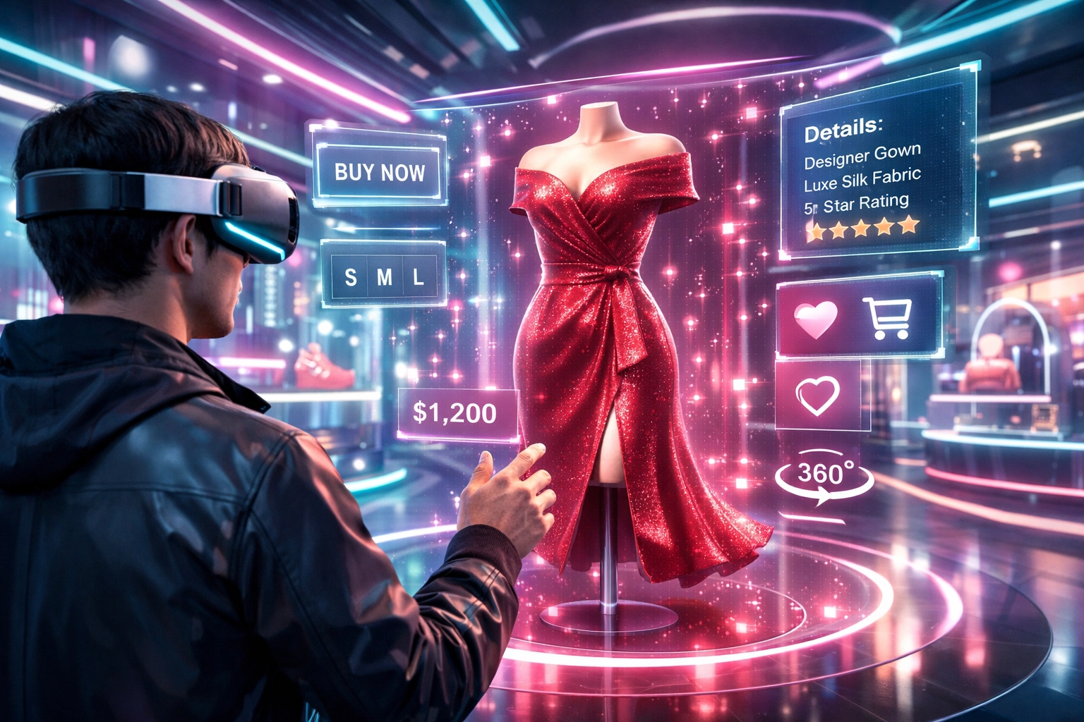 Immersive metaverse shopping experience featuring holographic retail displays and AI-powered Web3 payment integration.
